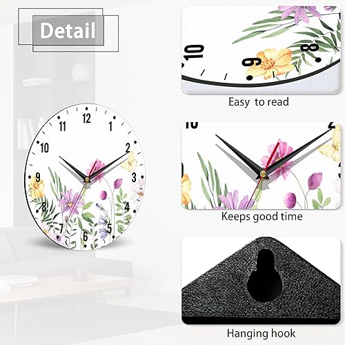 Miniatura 4 de SPUNKER Reloj para dormitorio, relojes de pared de flores silvestres para decoración de sala de estar, flores de mariposa, relojes de cocina de