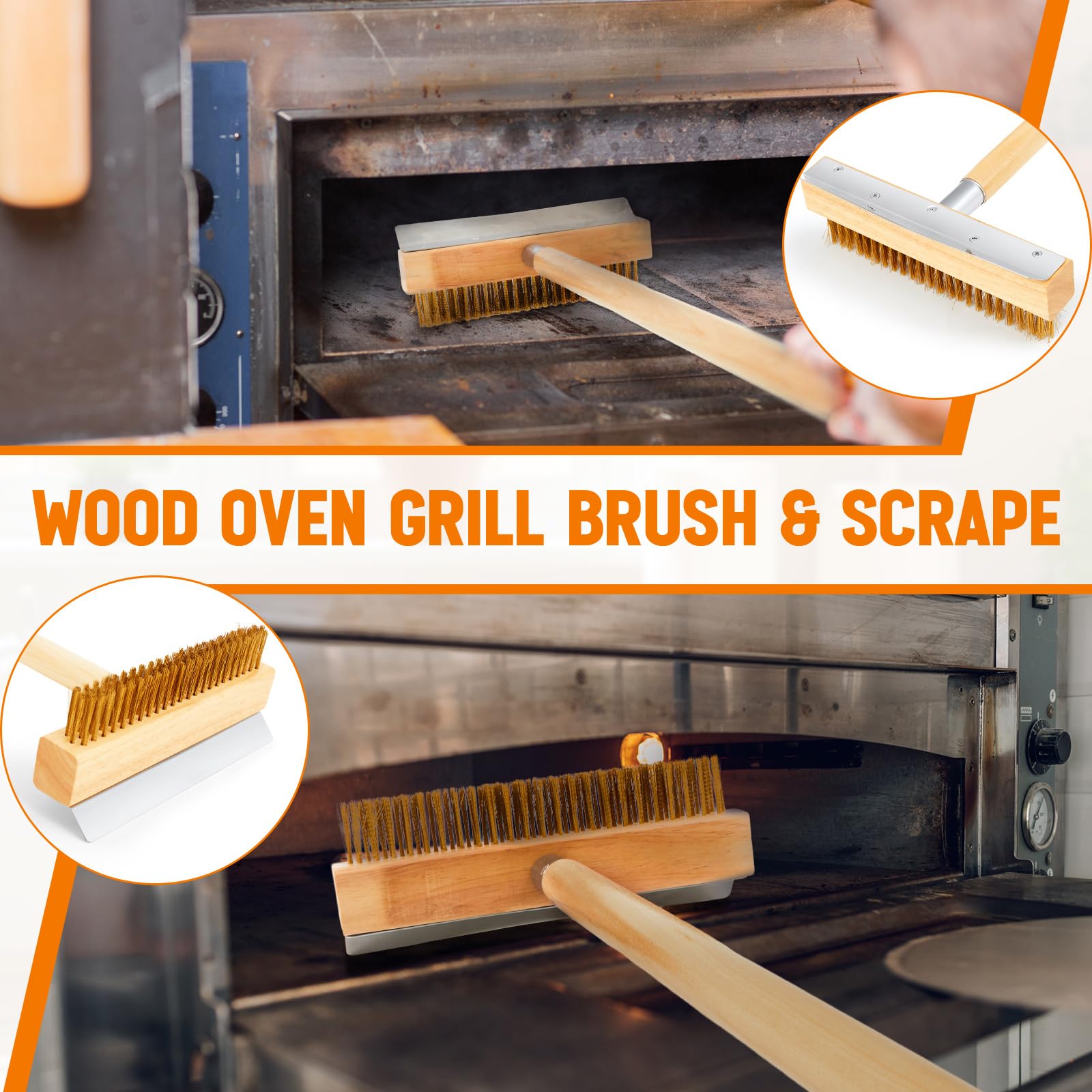 Reallnaive Paquete de 2 cepillos de horno de pizza con mango de madera de 37 pulgadas con raspador, herramienta de cepillo de limpieza para horno de pizza al aire libre, punta roscada de aluminio