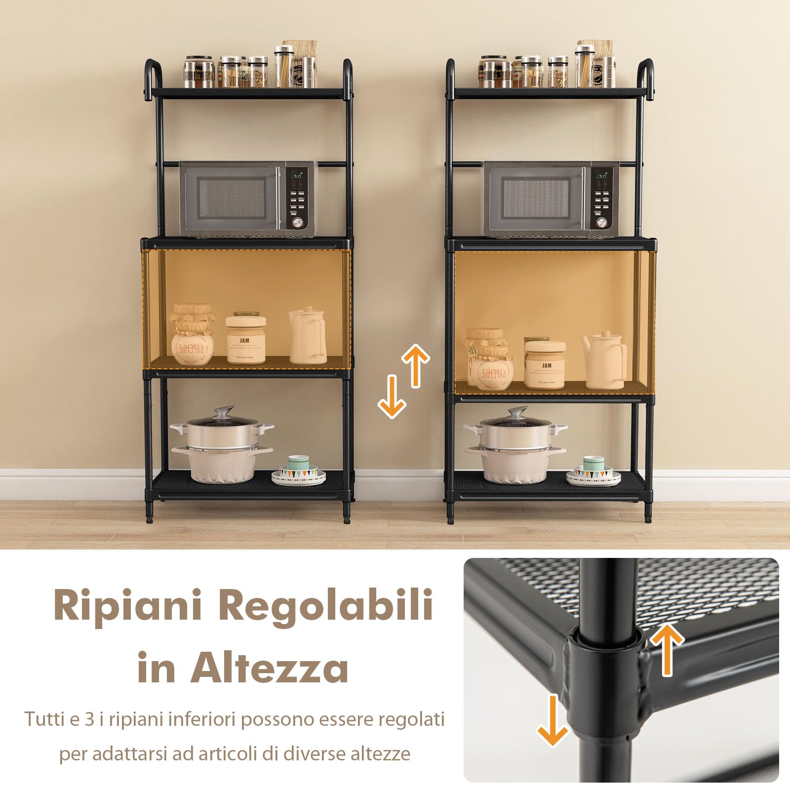 COSTWAY Microonde Scaffale da Cucina per Microonde in Metallo a 4 Ripiani, Carrello per Microonde Scaffalatura Organizzatore Portaoggetti, 60 x 34 x 136 cm (Nero)