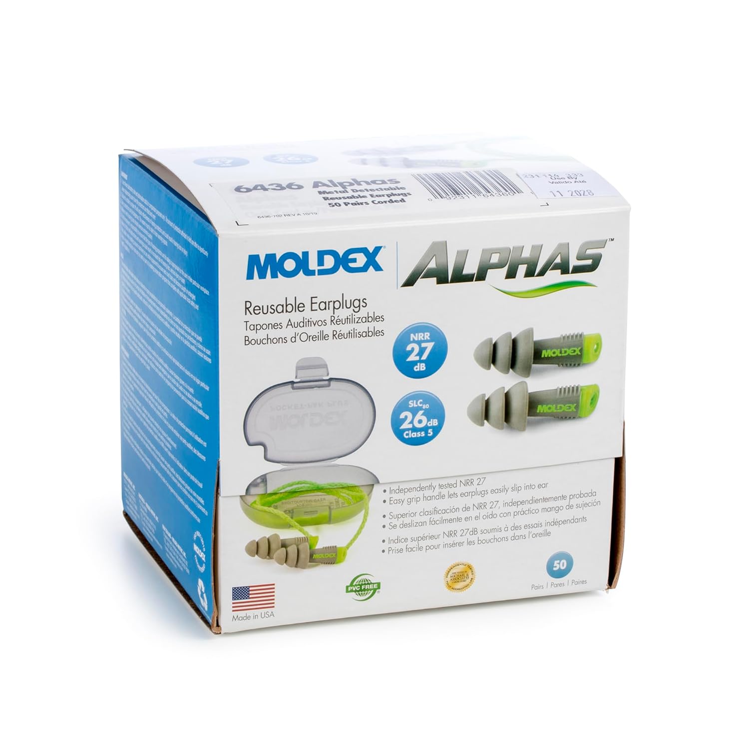 Moldex Alphas™Reusable Earplug w/Cloth Cord (unattached) in Pocket-Pak Plus 6434, NRR 27dB