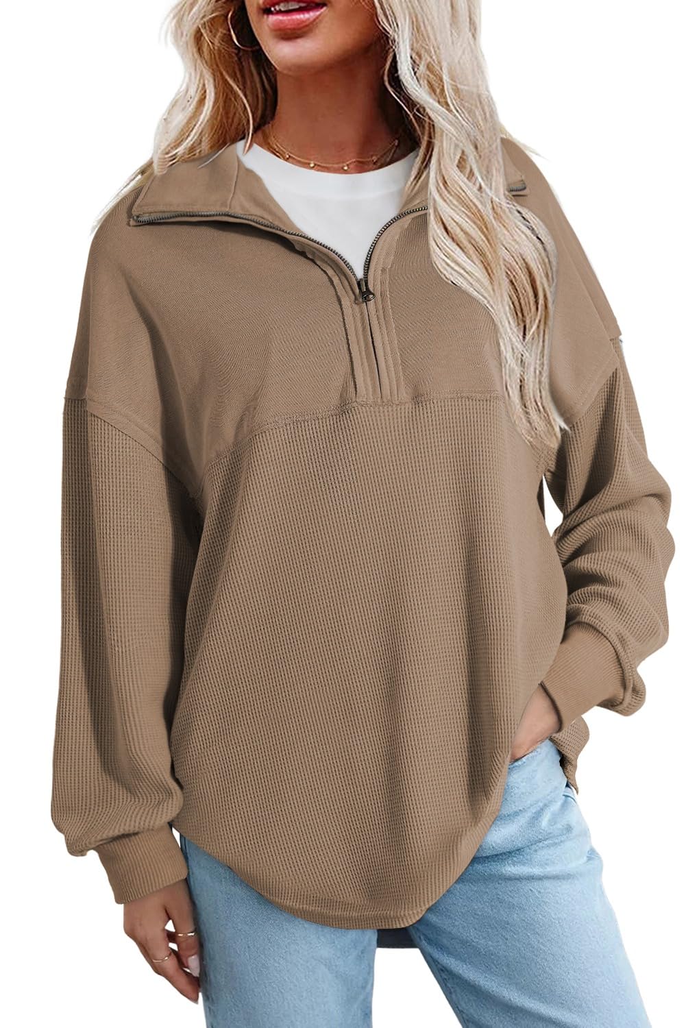 SHEWIN Women Fall Sweatshirt Casual Half Zip Pullover Fall Top 2026 Clothes | Overszied, Long Sleeve, Quarter Zip, Trendy, Loose Fit, Zipper