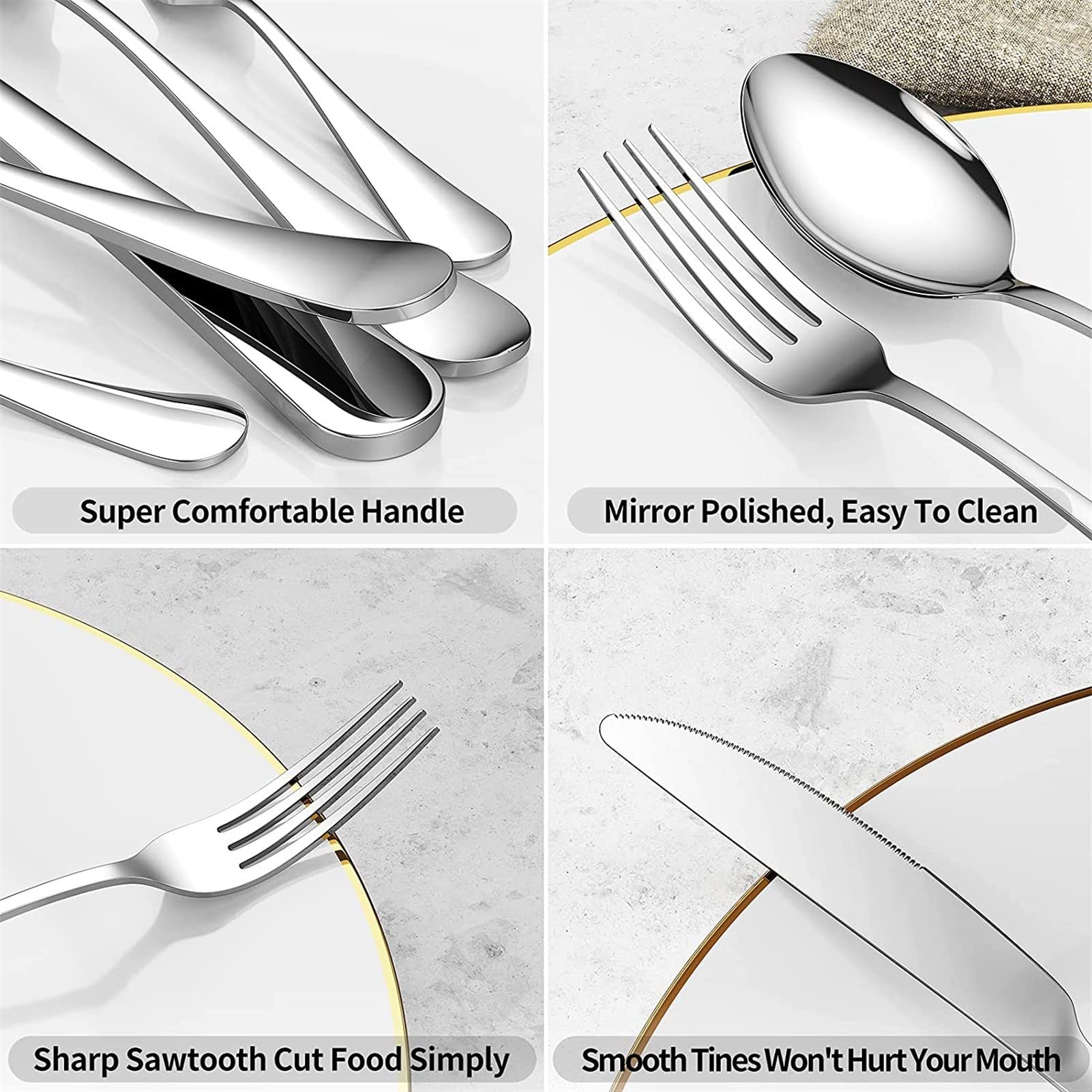 Juego de Cubiertos Acero Inoxidable 24 Piezas,Cubertería de Mesa para 6 Personas, Incluye Cuchillo/Tenedor/Cuchara/Cucharilla, Acabado Pulido Brillante para Cocina, Restaurante, Fiesta