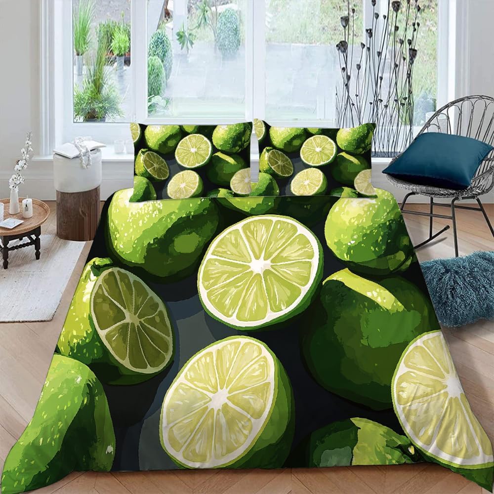 Lime Super King Size Duvet Cover Set Fresh Fruit Bedding 260x220 3D Soft Comfort Microfiber Quilt Cover with Zipper Closure and 2 Pillowcases for Teens and Adults K.3036