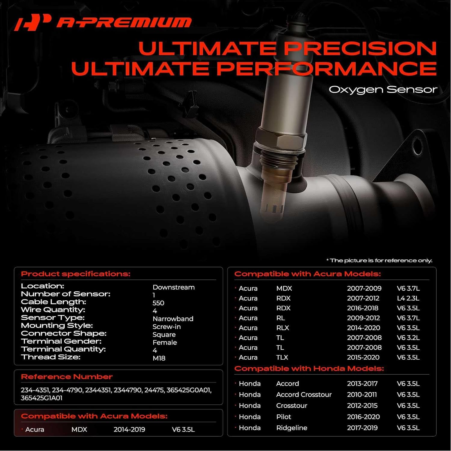 A-Premium O2 Oxygen Sensor Compatible with Honda Accord 13-17, Pilot 16-20, Crosstour, Ridgeline & Hyundai Accent 2019 & Acura TL 07-08, MDX, RDX, RL, RLX, TLX, Replace# 365425G0A01, 365425G1A01