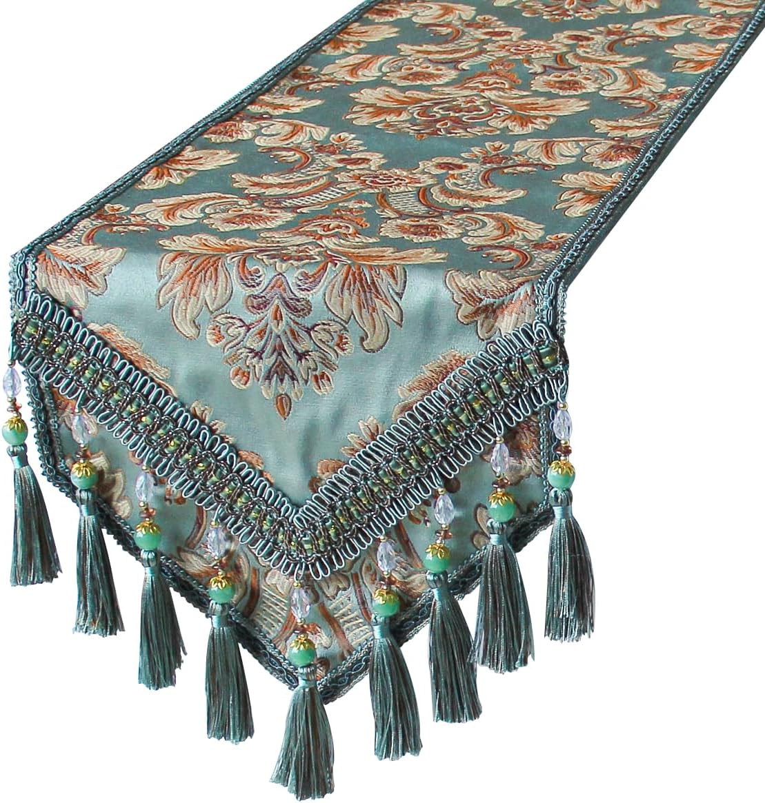kilofly Elegant Floral Brocade Jacquard Table Runner Tassels (69 x 12 inches)