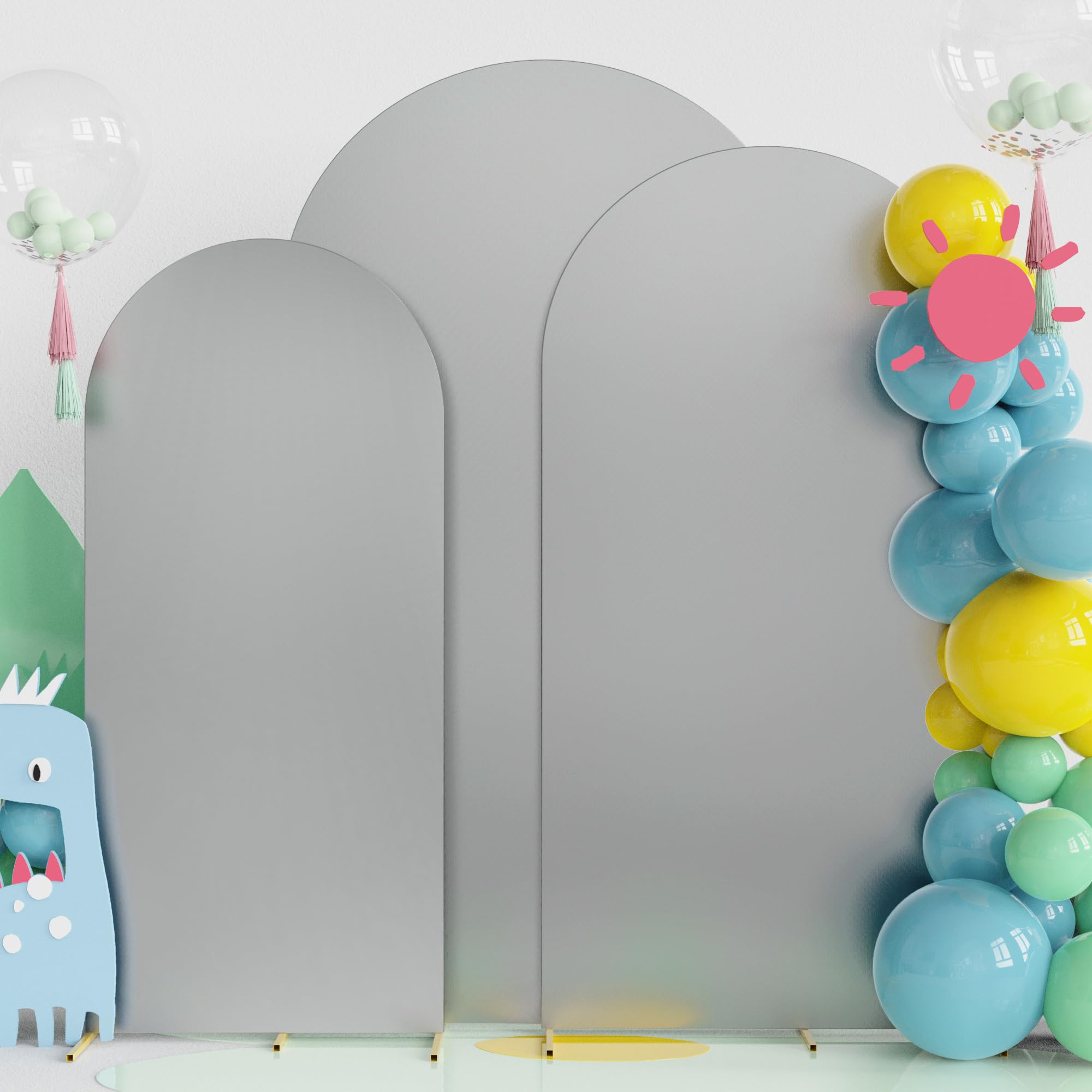 Fomcet Set of 3 Wedding Arch Covers 6FT, 6.6FT, 7.2FT Silver 2-Sided Round Top Spandex Arch Backdrop Cover Fitted Fabric for Birthday Party Baby Shower Wedding Arch Stand Decoration