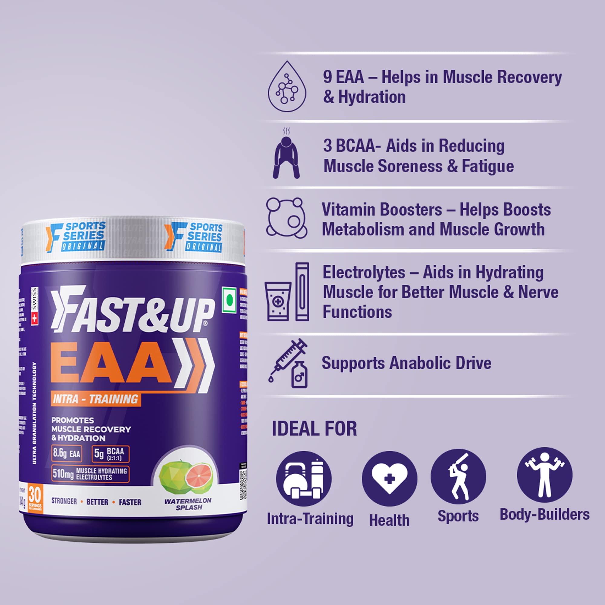 FAST&UP EAA Intra - Training/Workout drink (EAAx9) with BCAA+Electrolyte Blend+Vitamin Booster helps provide Muscle Recovery All 9 Essential Amino Acid- 30 servings (Watermelon Splash), Purple,Powder 2