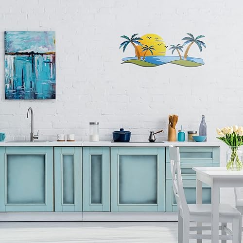 Vista 4 de Shimeyao Arte de pared de metal costero con palmera, arte de pared de metal para decoración de playa al aire libre, baño, esculturas de árbol