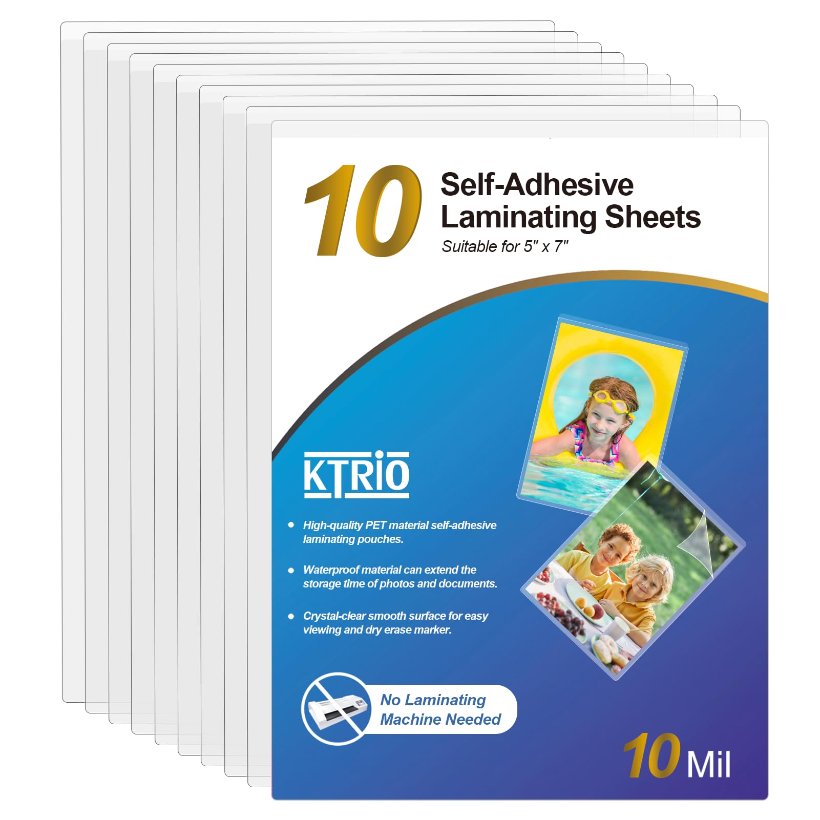KTRIOSelf Adhesive Laminating Sheets 5.5 x 7.5 Inches, 10-Pack, 10 Mil Thickness, Clear Self Sealing Laminate Pouches, No Heat Laminating Sheets for Photos, No Laminator Machine Needed