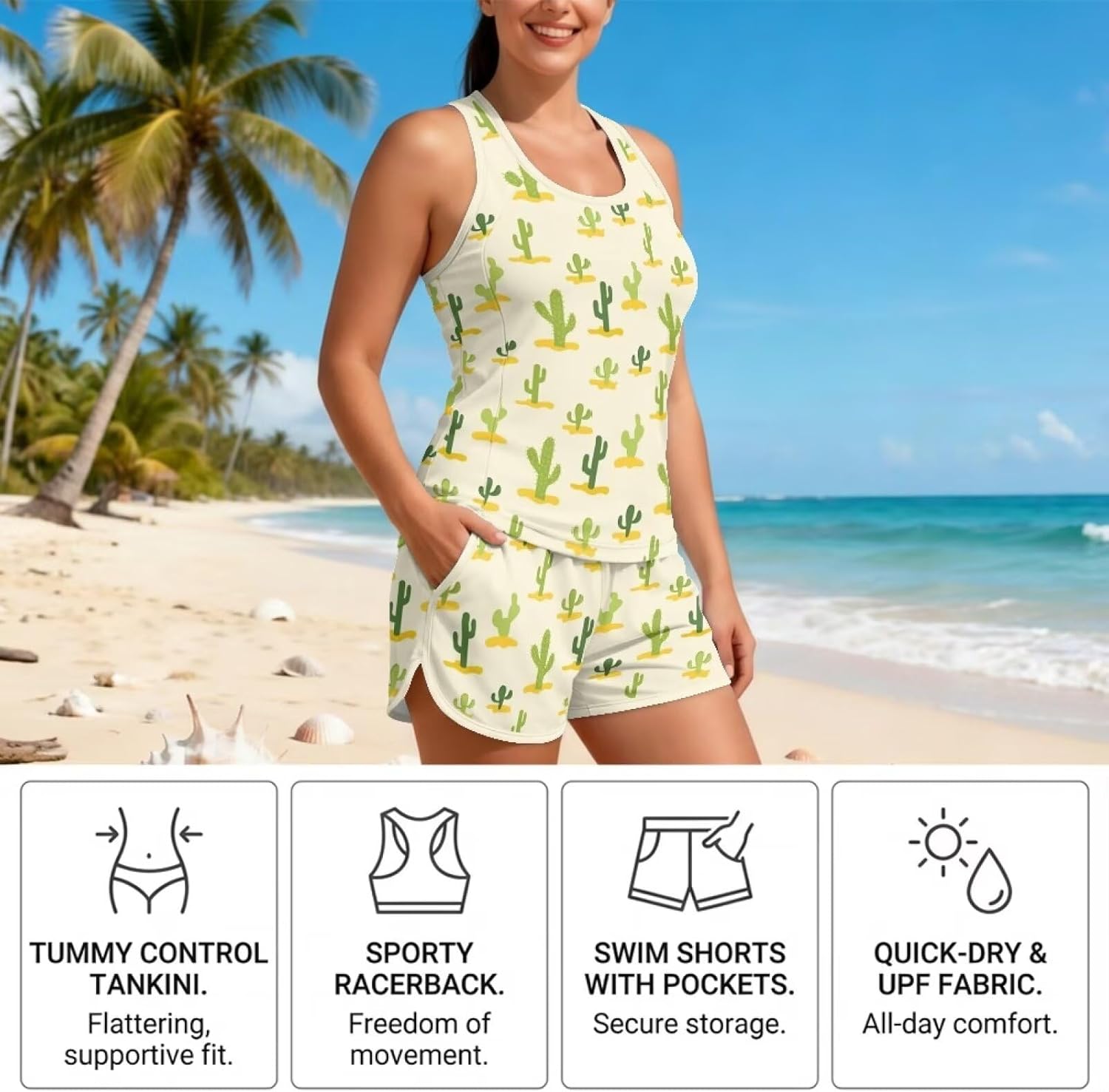 Womens Bathing Suits Tummy Control, Swim Pullover Tank Top Elasticized Waist Lace Shorts Modest Swimming Suit