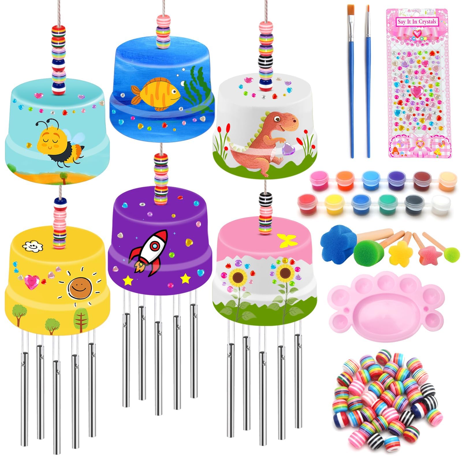 Lot De 3 Kits DIY Carillons Éoliens à Peindre – Activité Créative Enfant – Peinture, Perles, Pinceaux – Cadeau Anniversaire