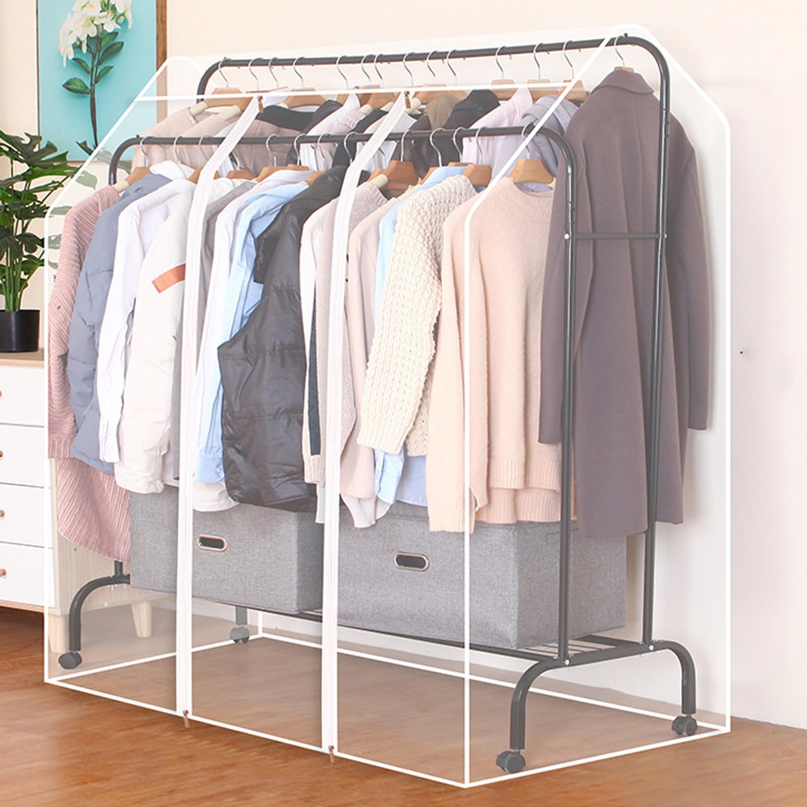 RobustWeg Double Pole Clothes Rack Dust Cover,Dustproof Clothes Rail Cover,Hanging Rack Protector Clothes,Transparent Design,Easy-Access,for High And Low Double Rod Coat Racks