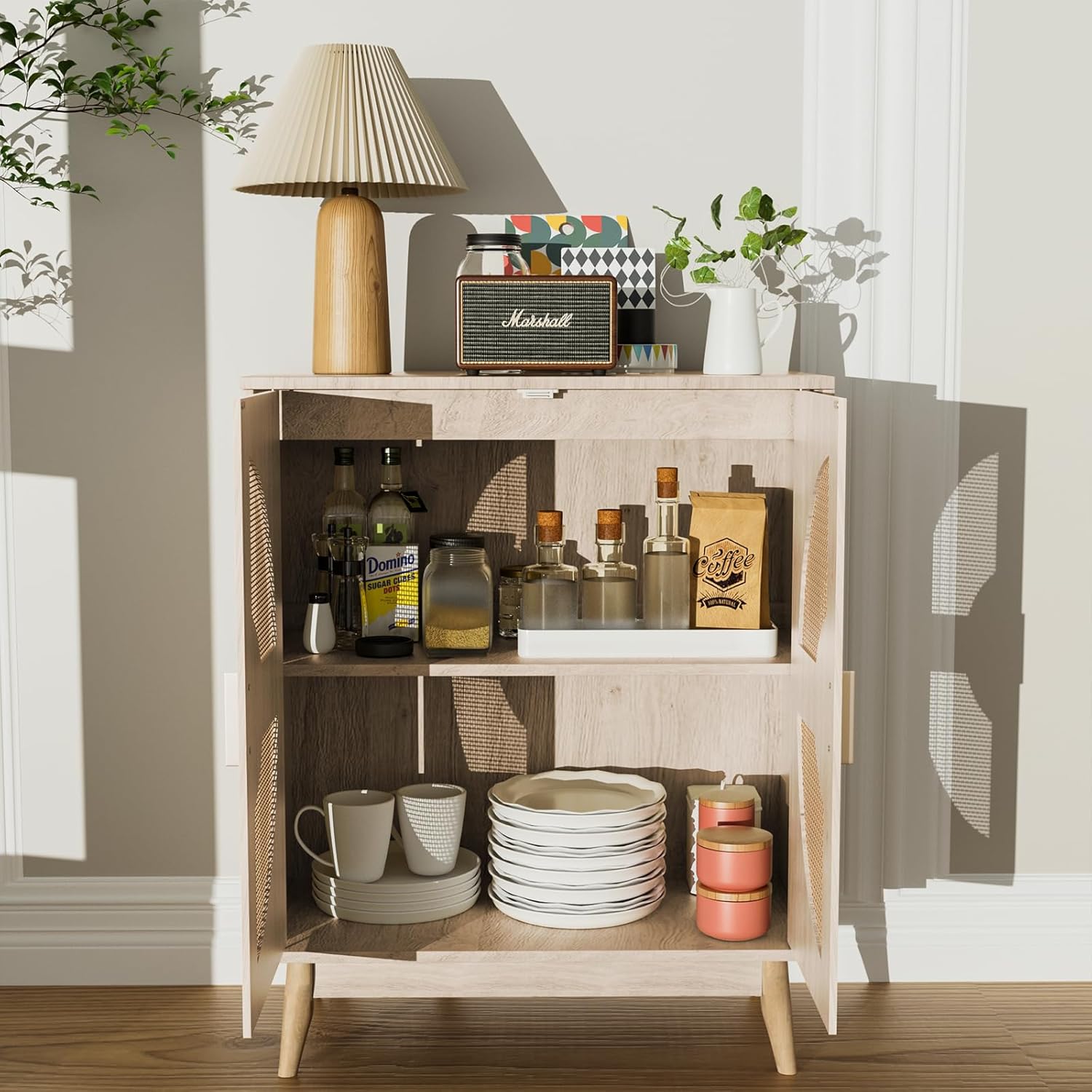 Buffet Cabinet with Storage Sideboard Accent Modern Credenza with Doors & Shelves 32.9" Rattan Media Console Mid Century Coffee Bar Table for Living Room Kitchen Dining Room Hallway