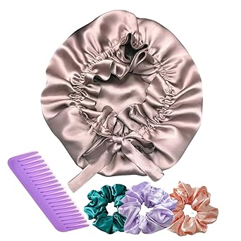 URBAN OX Satin Bonnet for All Hair Type, Satin Silk Hair Bonnet with 3 Premium Scrunchies and 1 Comb | Shower Cap Bonnet Sleep with Adjustable Tie Band (Rose Tope)