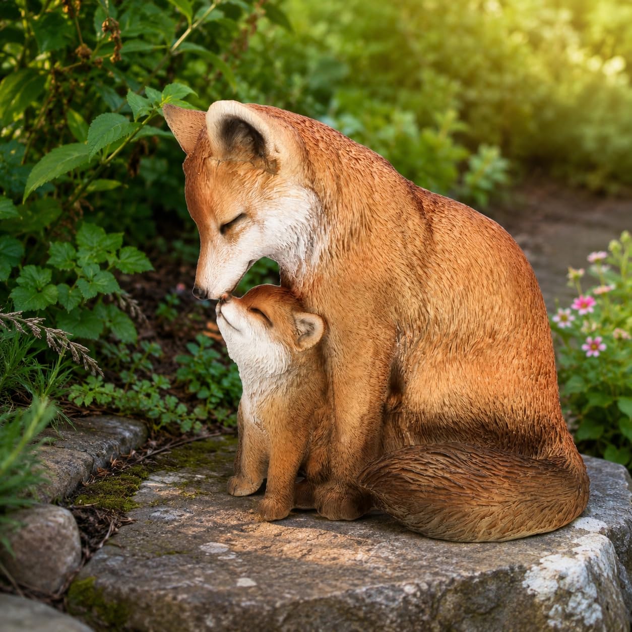 Figuren Shop GmbH Figurine de jardin renard avec bébé 23,5 cm – Famille de renard assis en polyrésine, peinte à la main et résistante aux intempéries – Figurine de renard pour parterre, terrasse et