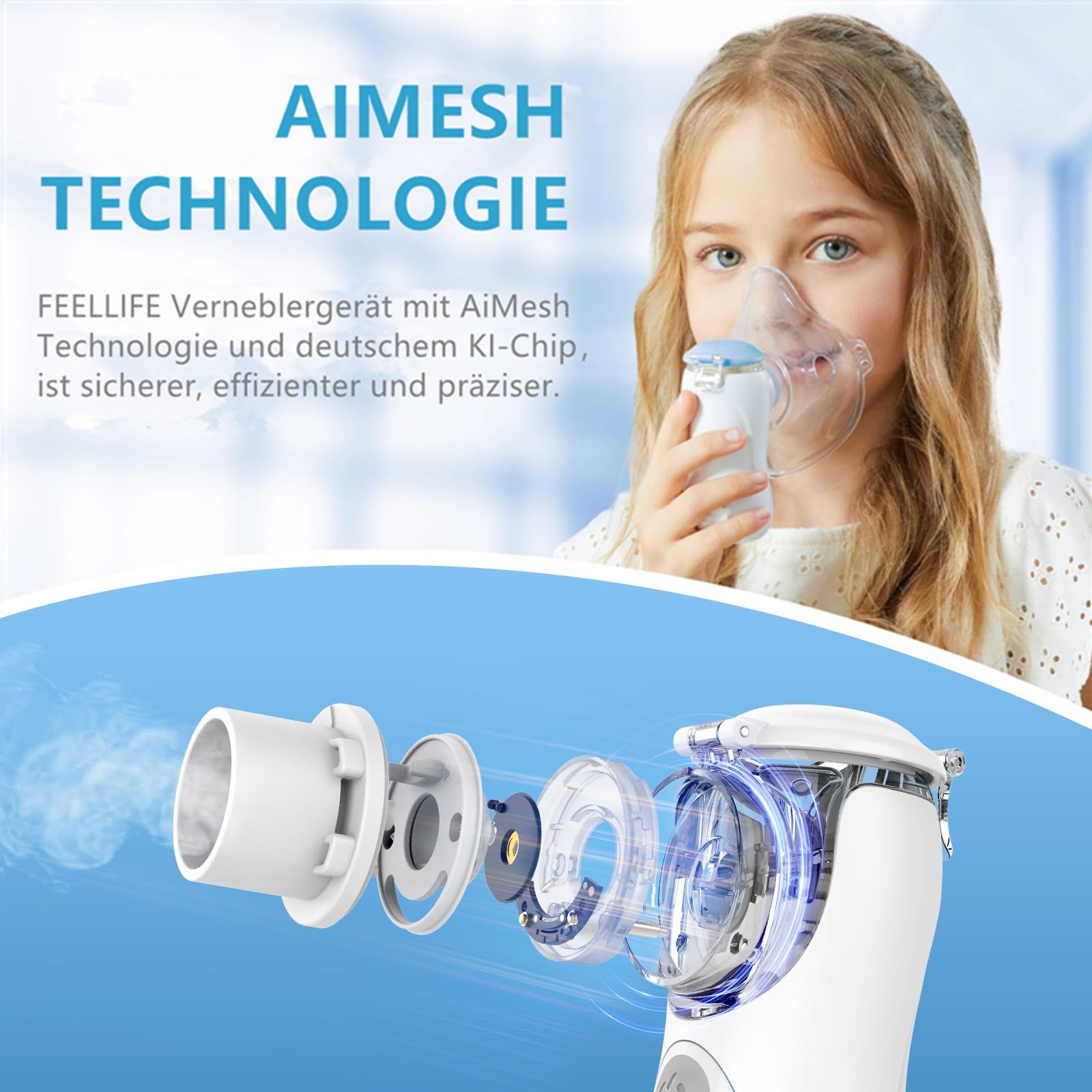 FEELLIFE Inhaliergeräte für Erwachsene, Inhalationsgerät Kinder, Inhalationsgerät Inhalator Vernebler Inhaliergerät, Nebulizer Baby Air Kids Mini Aerosol Inhalator Leiser Inhaliergerät