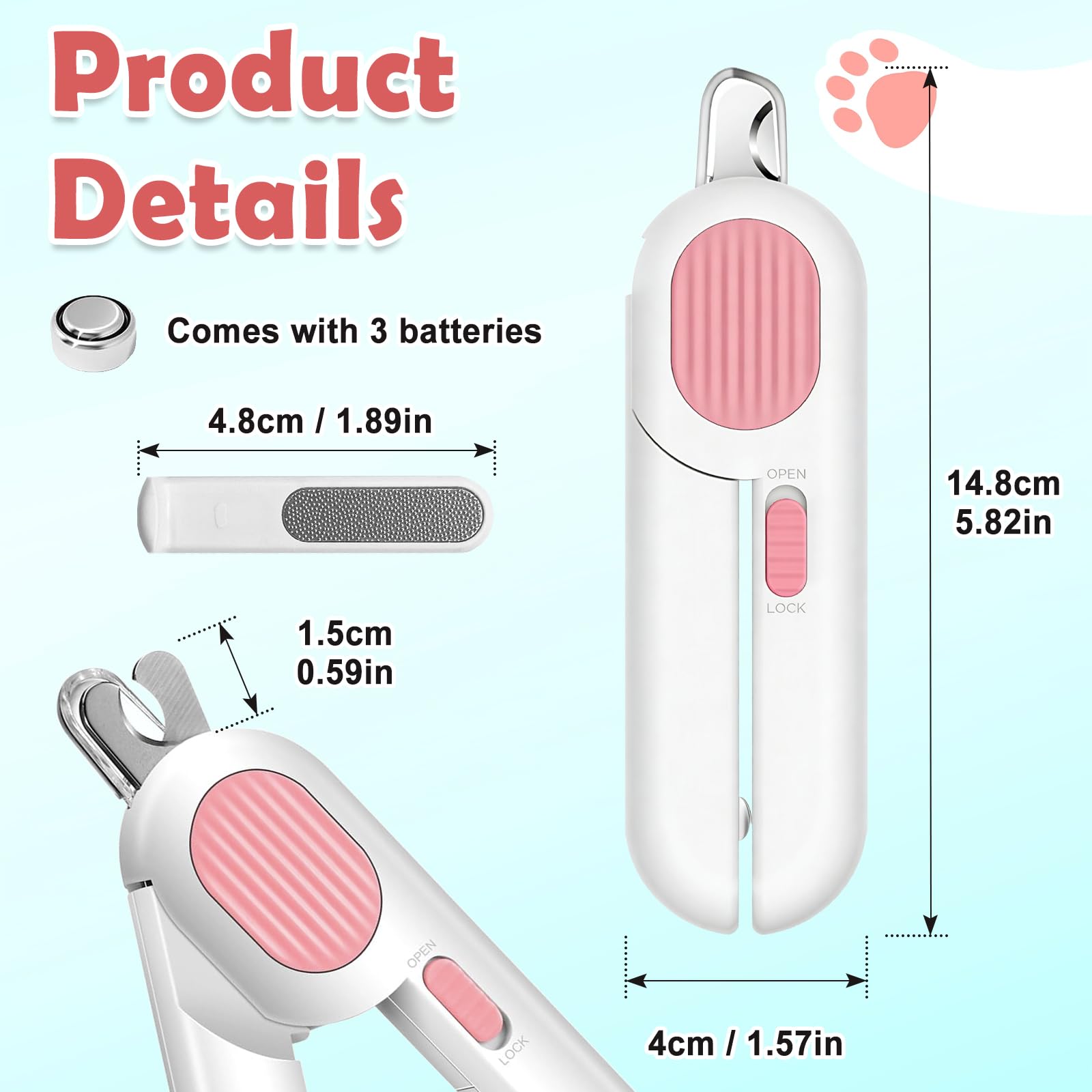 Nagelknipser für Katzen mit LED Licht, Krallenschneider aus Edelstahl mit integrierter Feile, praktischer Spritzschutz, Haustier Krallenschere für kleine Tiere, rosa