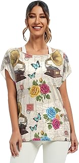 Vintage Parisian Ornate Gramophone Short Sleeve Blouse, Casual Top Batwing Blouses for Women S-XXL