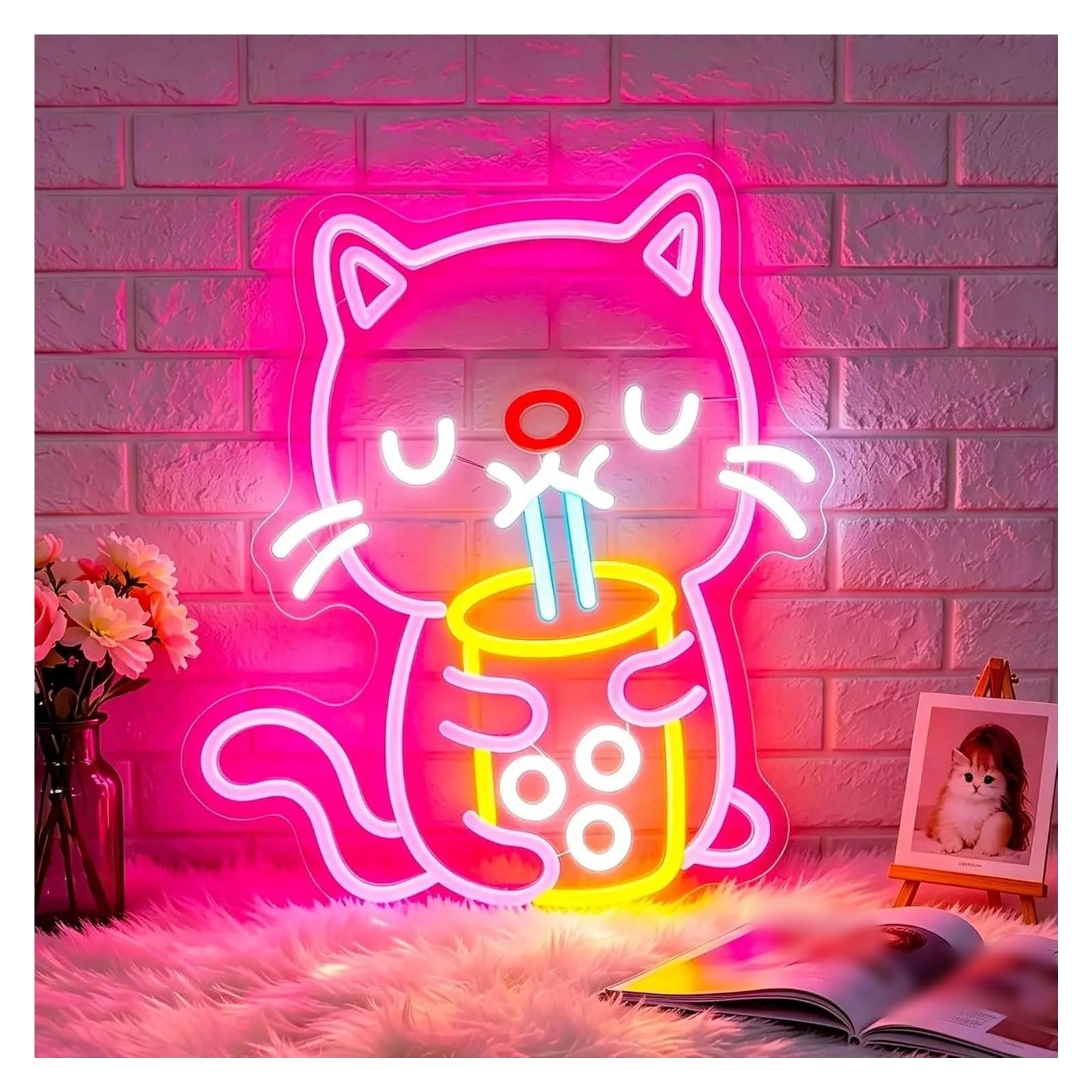 LEMST Sign Lamp Cat Drink Boba Tea Neon Sign USB Powered Ambient Light for Milk Teas Shop Bar Restaurant Gaming Room Wall Art Decor 38cmx31.1cm/15inx12.2in