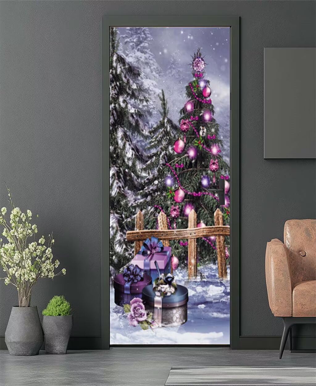 Vinilos Puertas 3D Vacaciones Árbol De Navidad Pegatinas Decorativas de Puerta Pegatina Pared Murales Adhesivo para Puerta para Interiores Dormitorio Bano Decoración del Hogar Regalo 95X215cm -MT2108