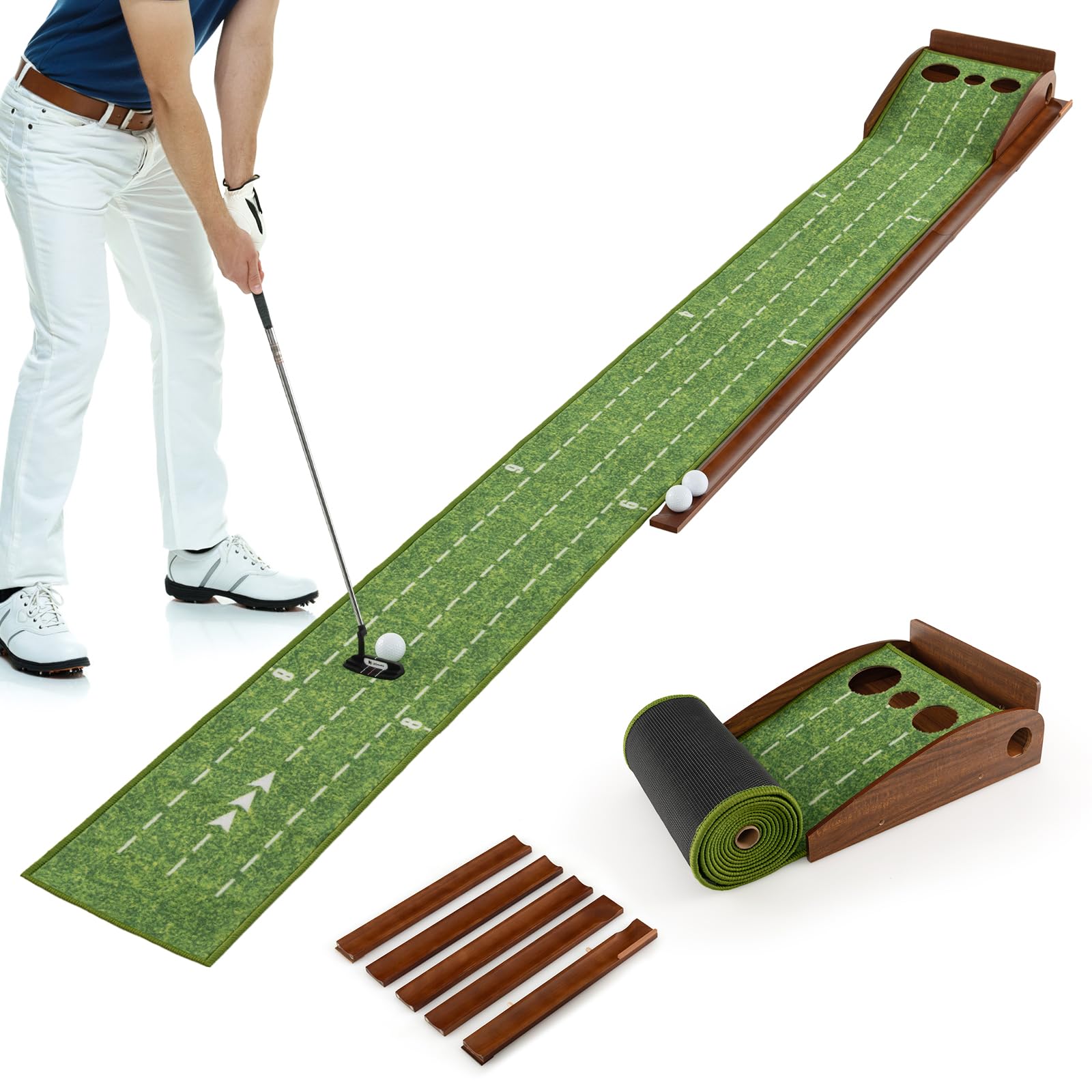 GYMAX Golf Puttingmatte mit automatischem Ballrücklaufsystem, Golf Übungsmatte mit Zielbezugslinie & Entfernungsskala, Golf Trainingsmatte für Anfänger & Profis, grün