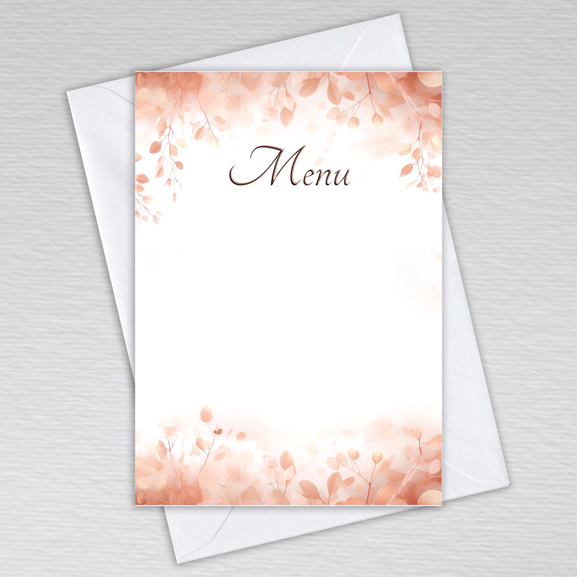 Rose Gold Leaf Blank Wedding Menu Cards for Tables/Write Your Own Menus/Elegant Theme with Peach and Blush Pink Tones: Rose Gold Leaves Menu Cards (Pack of 50 with Envelopes) โ image 1