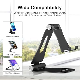 YOSHINE Cell Phone Stand, Upgraded Phone Stand for Desk, Adjustable Tablet Stand, Foldable Portable Aluminum Phone Holder, Cradle, Dock for All iPhone Smartphones and iPad Tablets(4-13in) - Black