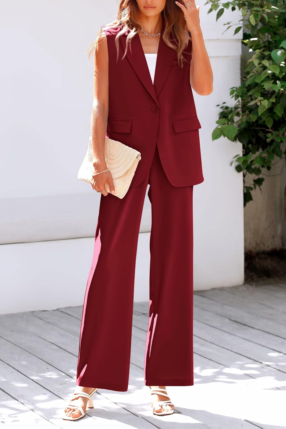 PRETTYGARDEN Women's 2 Piece Outfits Sleeveless Suit Vest and Wide Leg Pants Business Casual Blazer Sets - (color: Wine Red, size: X-Large)