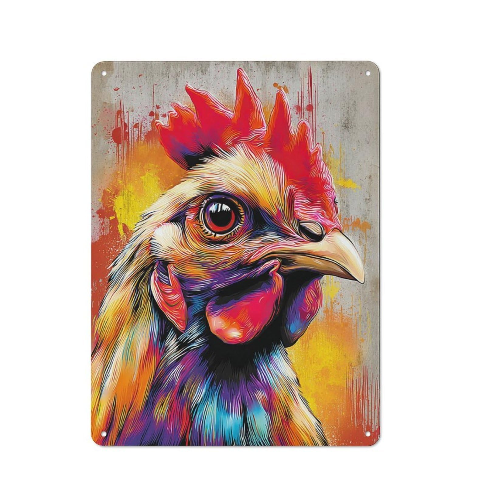 Colorful Rooster Portrait Artwork -1 Rustic Tin Sign 40x30cm, Vintage Porch Wall Decor for Conservatory, Home Bar Or Utility Room