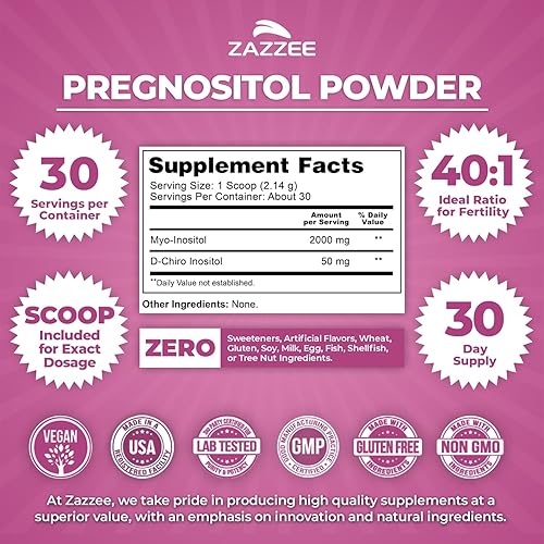 Miniatura 2 de Zazzee PREGNOSITOL en polvo, suministro para 30 días, mezcla de fertilidad 401 de D-quiro-inositol, cuchara gratuita para dosis exacta, fórmula