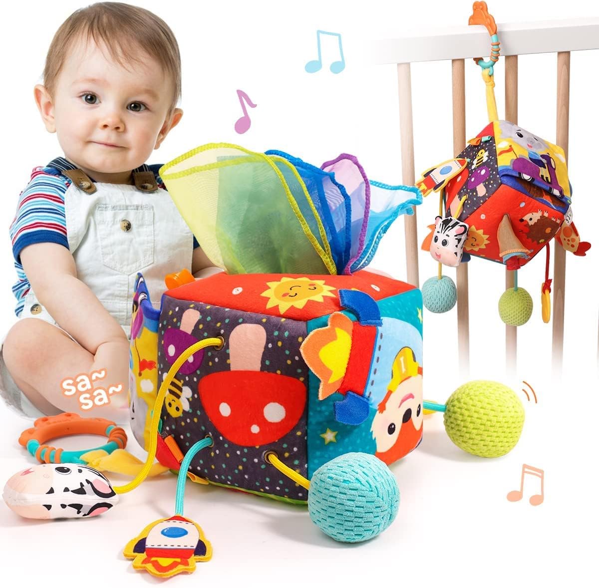 AM ANNA Baby Tissue Box Toy, Montessori Toys for 1 Year Old,Baby Pull String Activity Toy, Toddler Fine Motor Skills Stroller Toys,Hanging Rattles Toy,Toddlers Travle Sensory Toys for 1-3 Girl Boy
