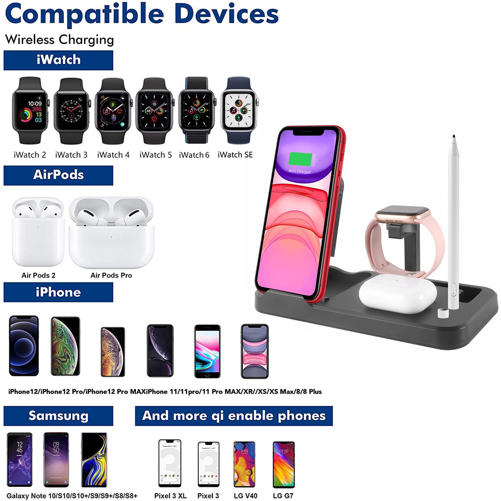 Station de charge sans fil 4 en 1, support de charge pliable, station de charge rapide améliorée pour iWatch Series 6/SE/5/4/3/2, AirPods et crayon, compatible avec iPhone et téléphone Android