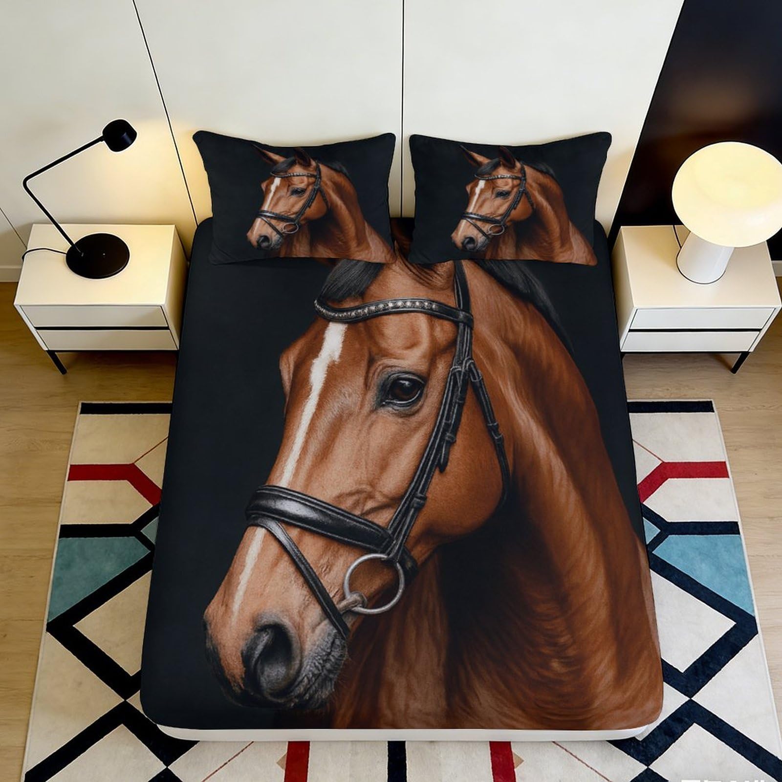 3D Printed Brown Horse Fitted Sheet Microfiber Breathable Bed Cover with 3D Printed Horse Head Mattress Cover for Bedroom Dormitory Guest Room 120x200x25cm