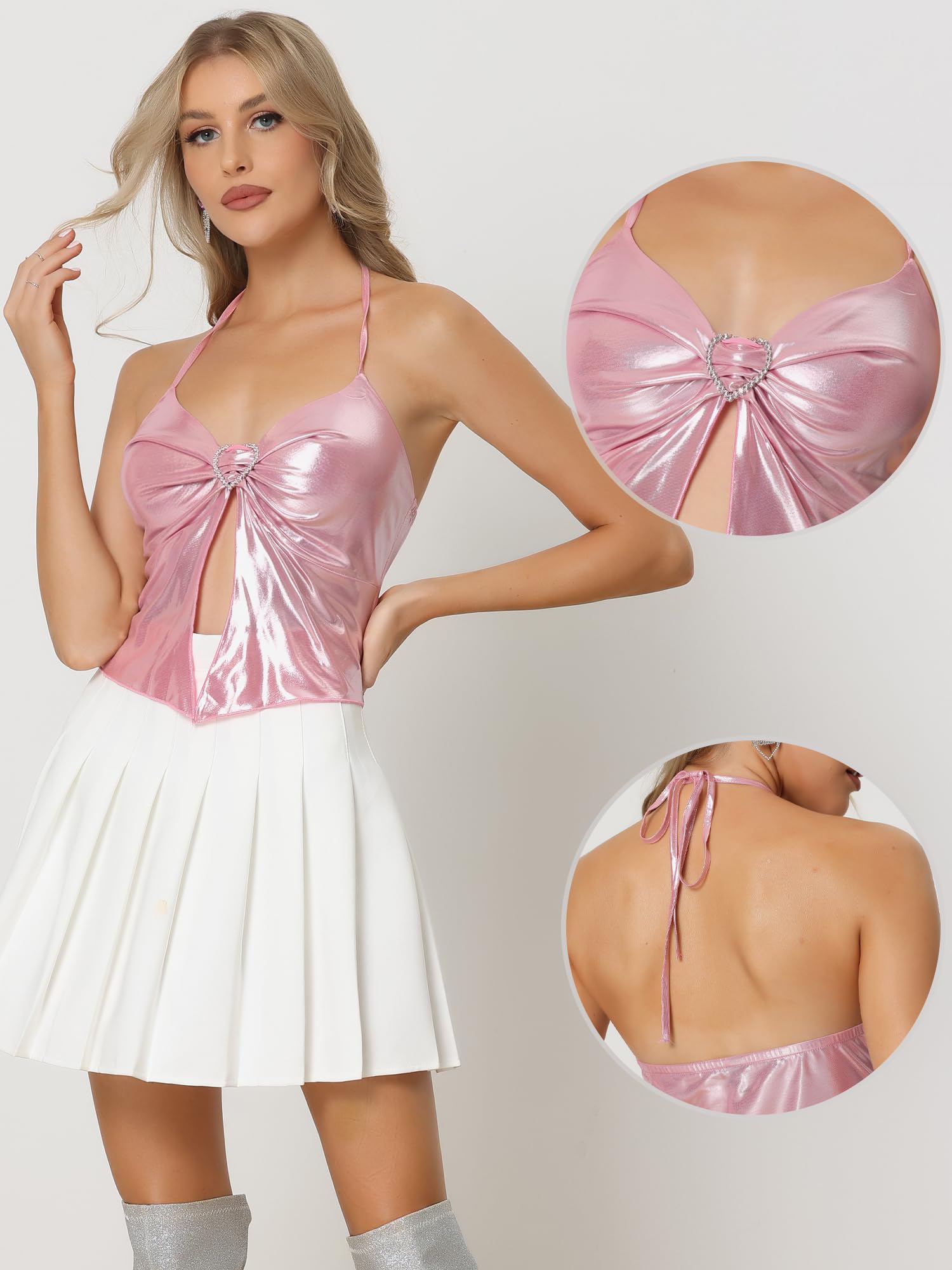 Allegra K Camiseta sin mangas metálica sin espalda para mujer, diseño de tirantes delgados asimétricos, estilo halter brillante