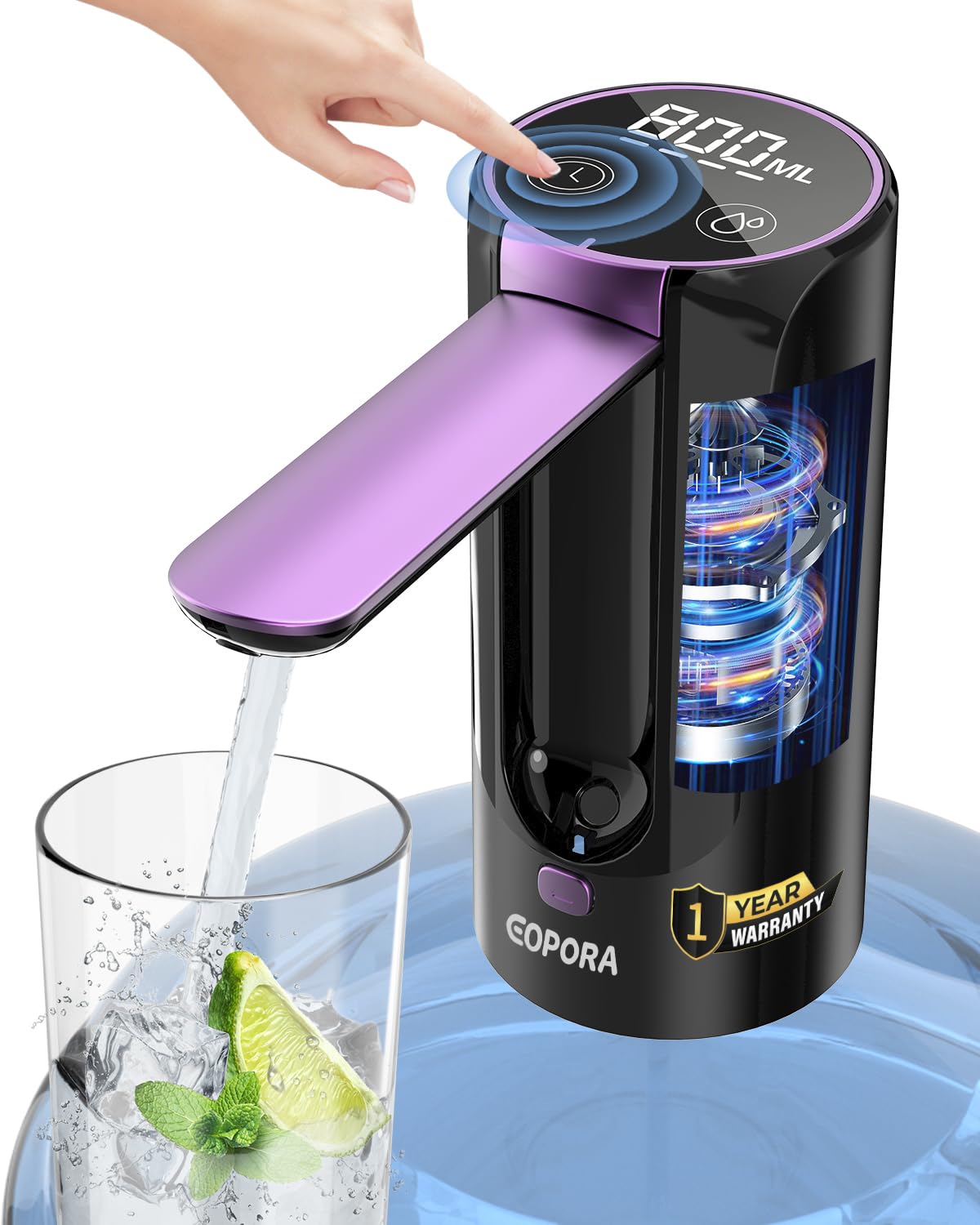 Eopora Automatic Water Dispenser Pump for 20 Litre Bottle, 1200Mah Battery USB Rechargeable Electric Foldable Water Can Dispenser for Home Office, Purple