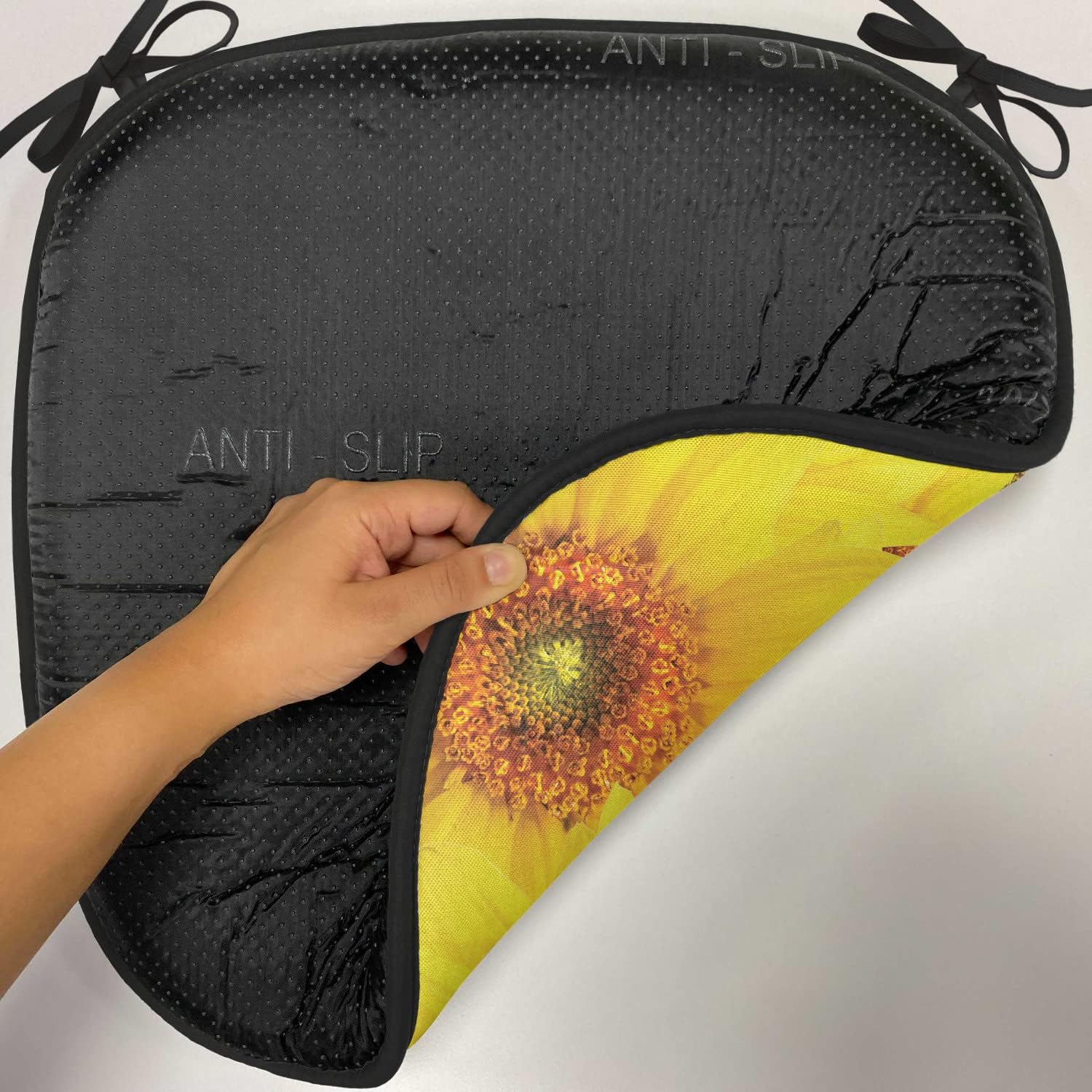 Lunarable Sunflower Chair Cushion Pads Set of 2, Sunflower Flowers Butterfly Warm Colors Round Close up Details Fun Design, Anti-Slip Seat Padding for Kitchen & Patio, 16"x16", Yellow Marigold