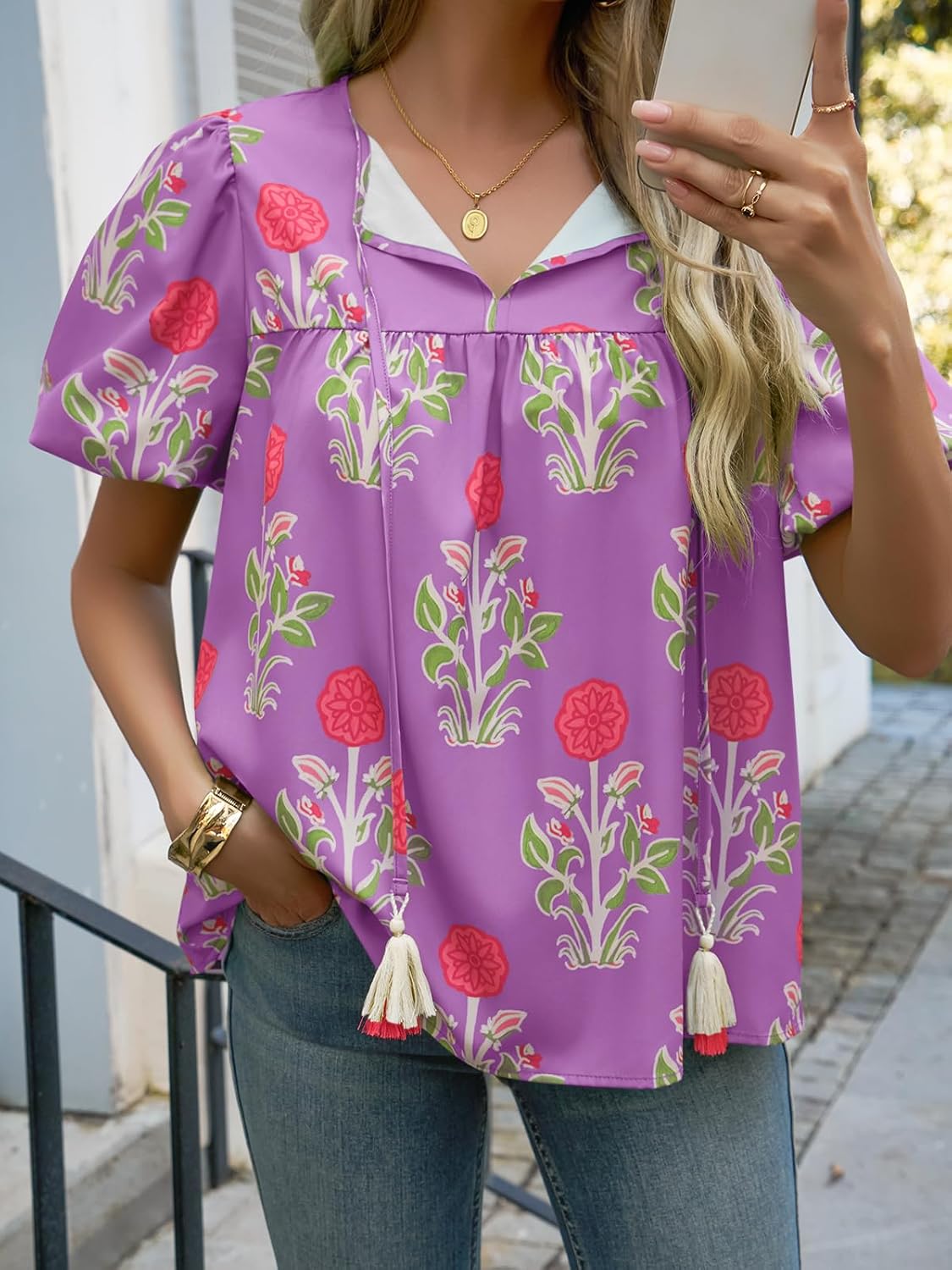 Cicy Bell Womens Boho Floral Blouses Short Puff Sleeve V Neck Babydoll Shirts Flowy Tie Front Tops - Image 2