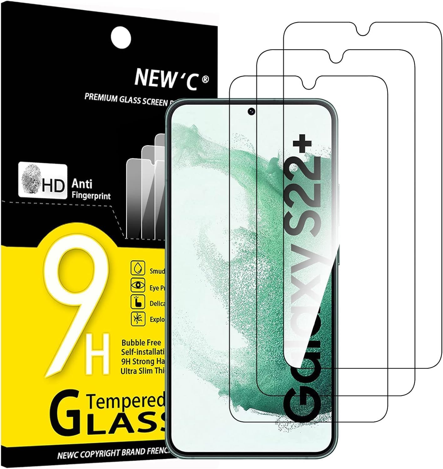 NEW'C 3 Pack Designed for Samsung Galaxy S22+ / S22 Plus, Full Screen Protector Tempered Glass, Case Friendly Anti Scratch Bubble Free Ultra Resistant