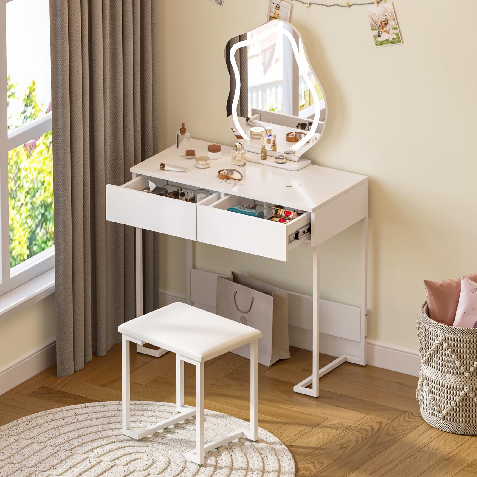 Hello-5ive Tocador de Maquillaje con Espejo de Luz LED Ajustables,Mesa Tocadores Maquillaje con 2 Cajones Grandes y Taburete, Moderno Blanco Muebles Dormitorio, 80x40x132 cm
