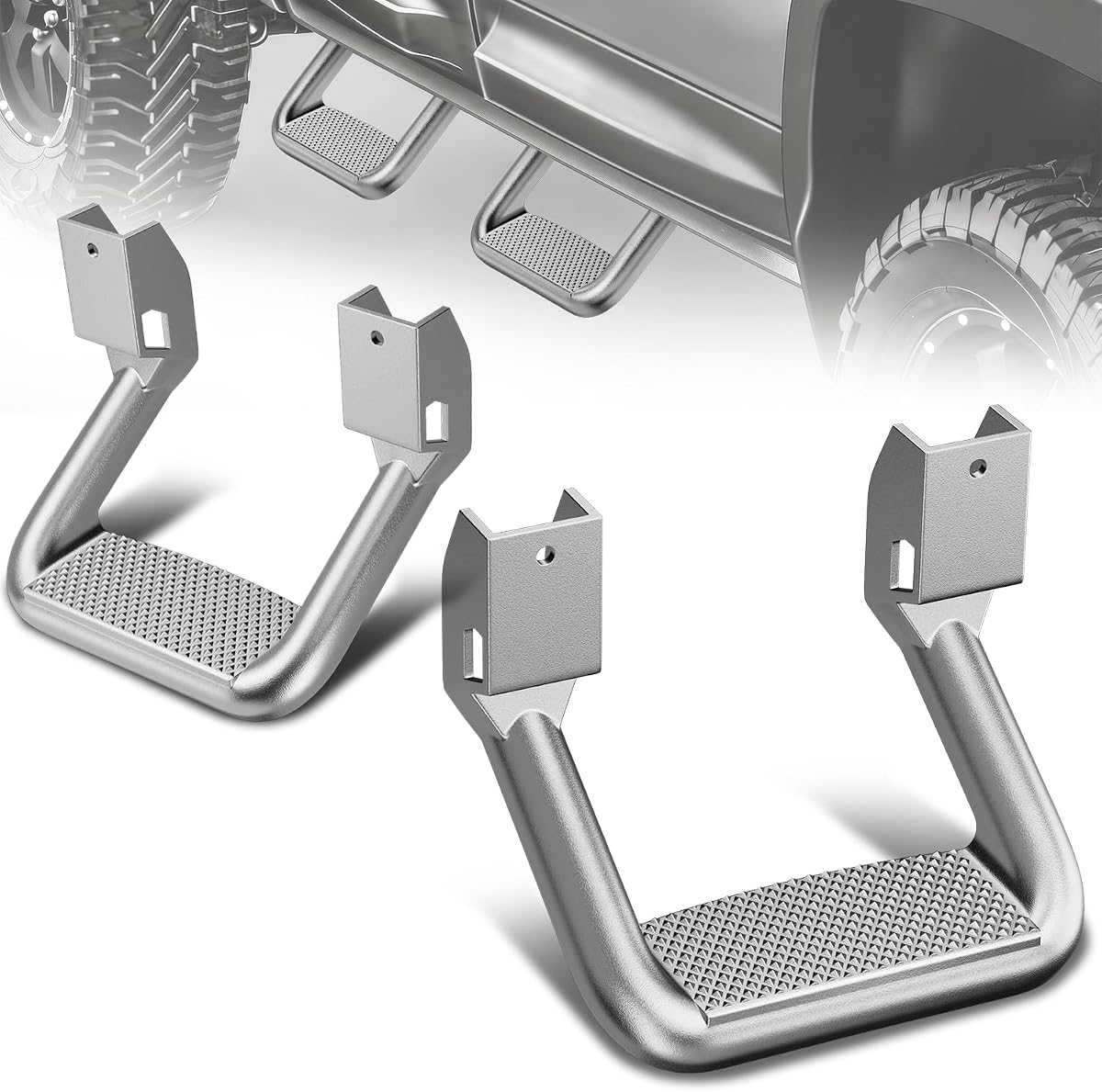 Auto Dynasty Escalón lateral universal de 1 pulgada con soportes de montaje | Escalones laterales de aluminio para camionetas y camiones, recubiertos de polvo de plata, juego de 2