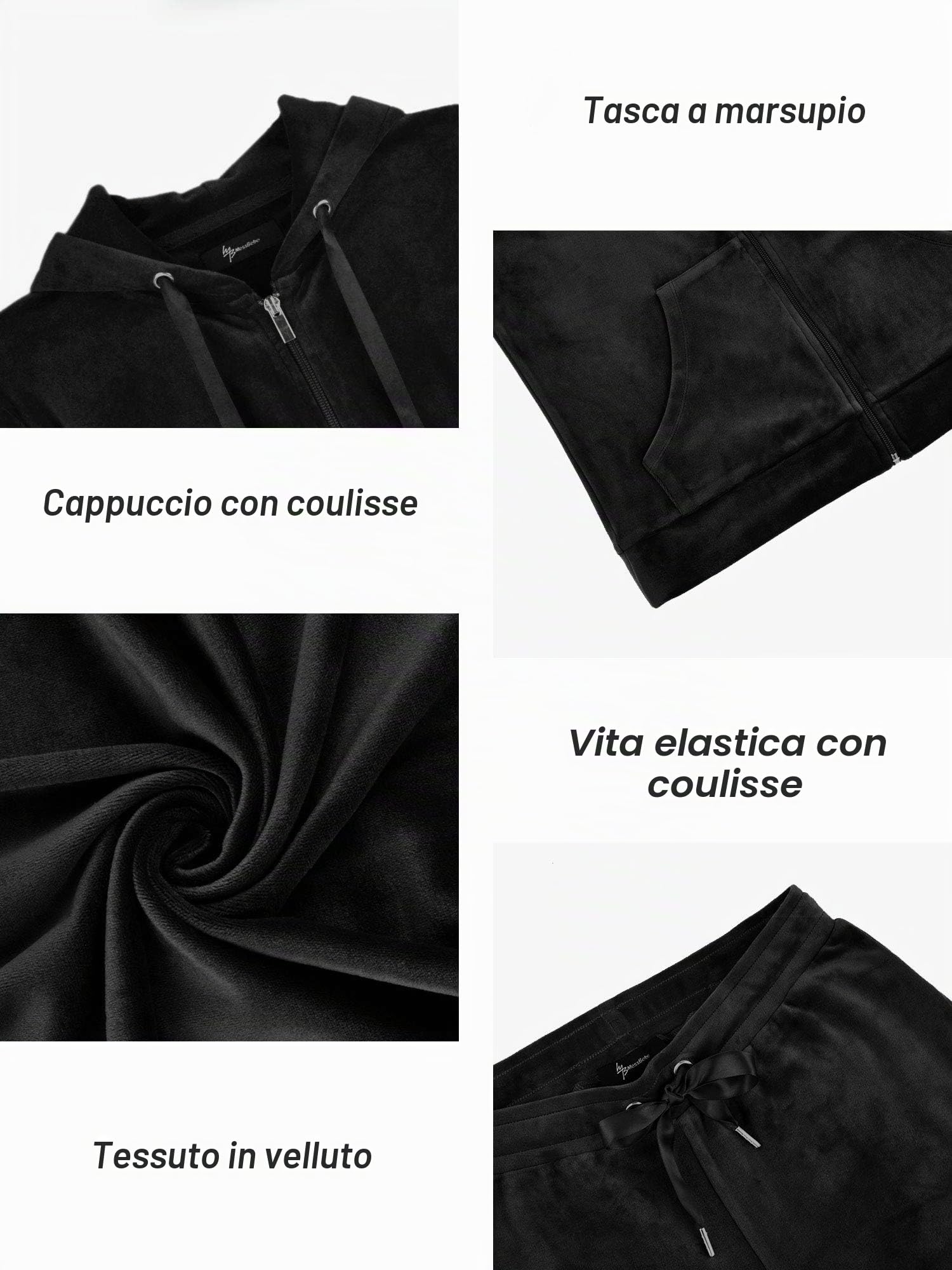 MessBebe, tuta da ginnastica da donna in velluto per il tempo libero lo sport 2 pezzi felpa con cappuccio a maniche lunghe con zip e pantaloni lunghi sportivi Nero, L