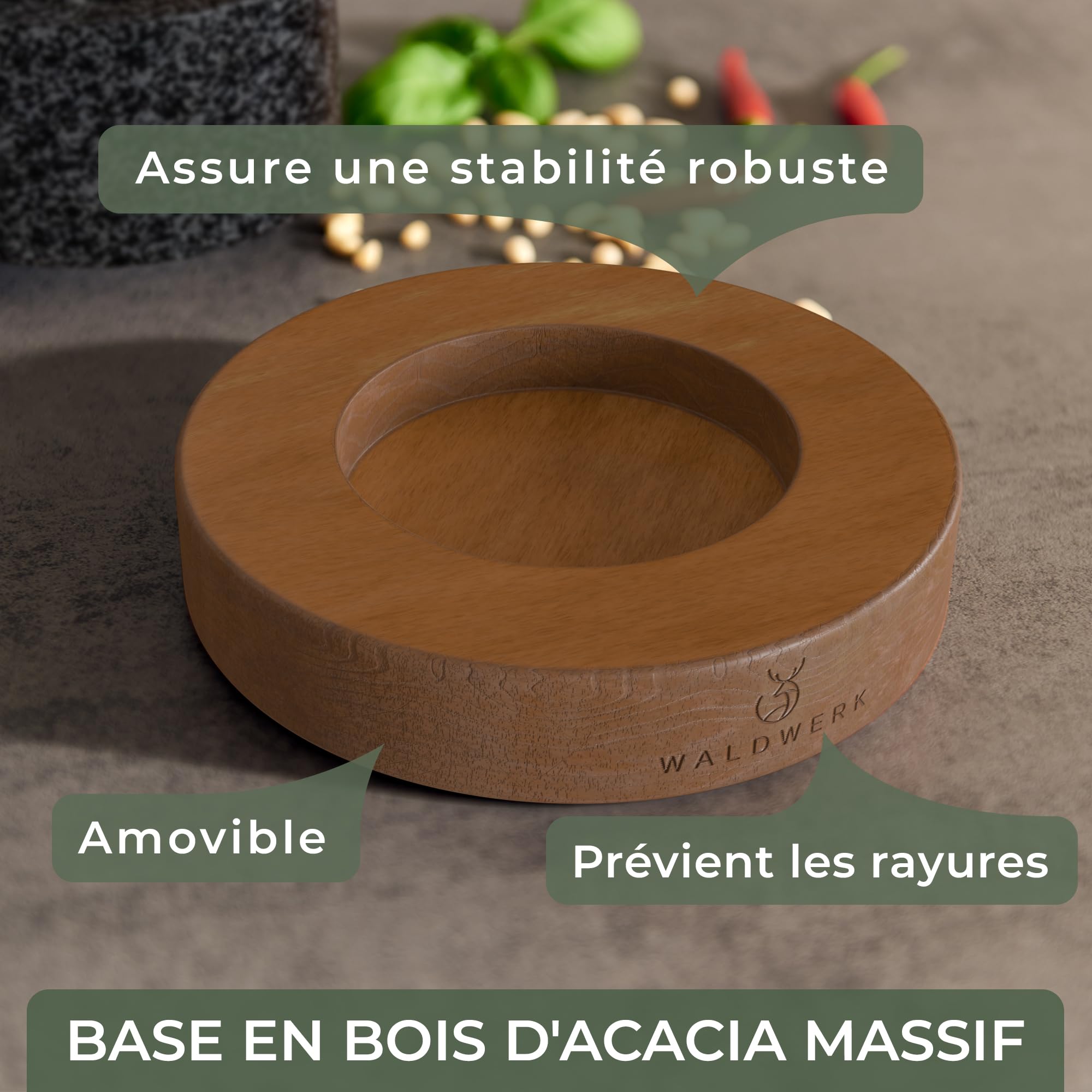 WALDWERK Mortier avec Pilon pour Cuisine (diamètre de 12 cm) - Mortier avec Base en Bois d’Acacia Élégante et Solide - Pilon du Mortier Extra Long en Granit Naturel