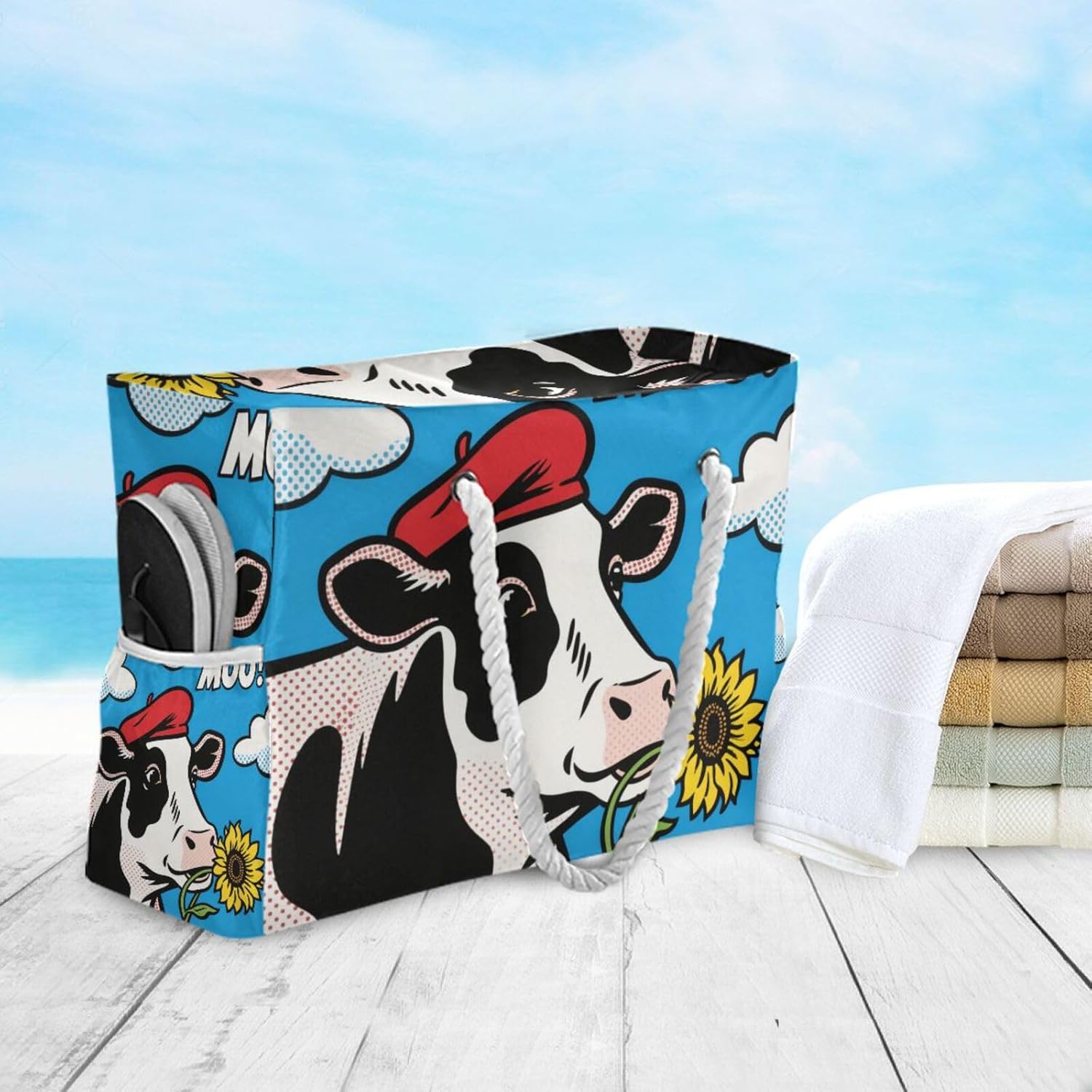 OTVEE Cows and Sunflower Pattern Beach Bags for Women Ladies Large Canvas Tote Shoulder Bag Waterproof Travel Bags for Gym Swim Pool Camping