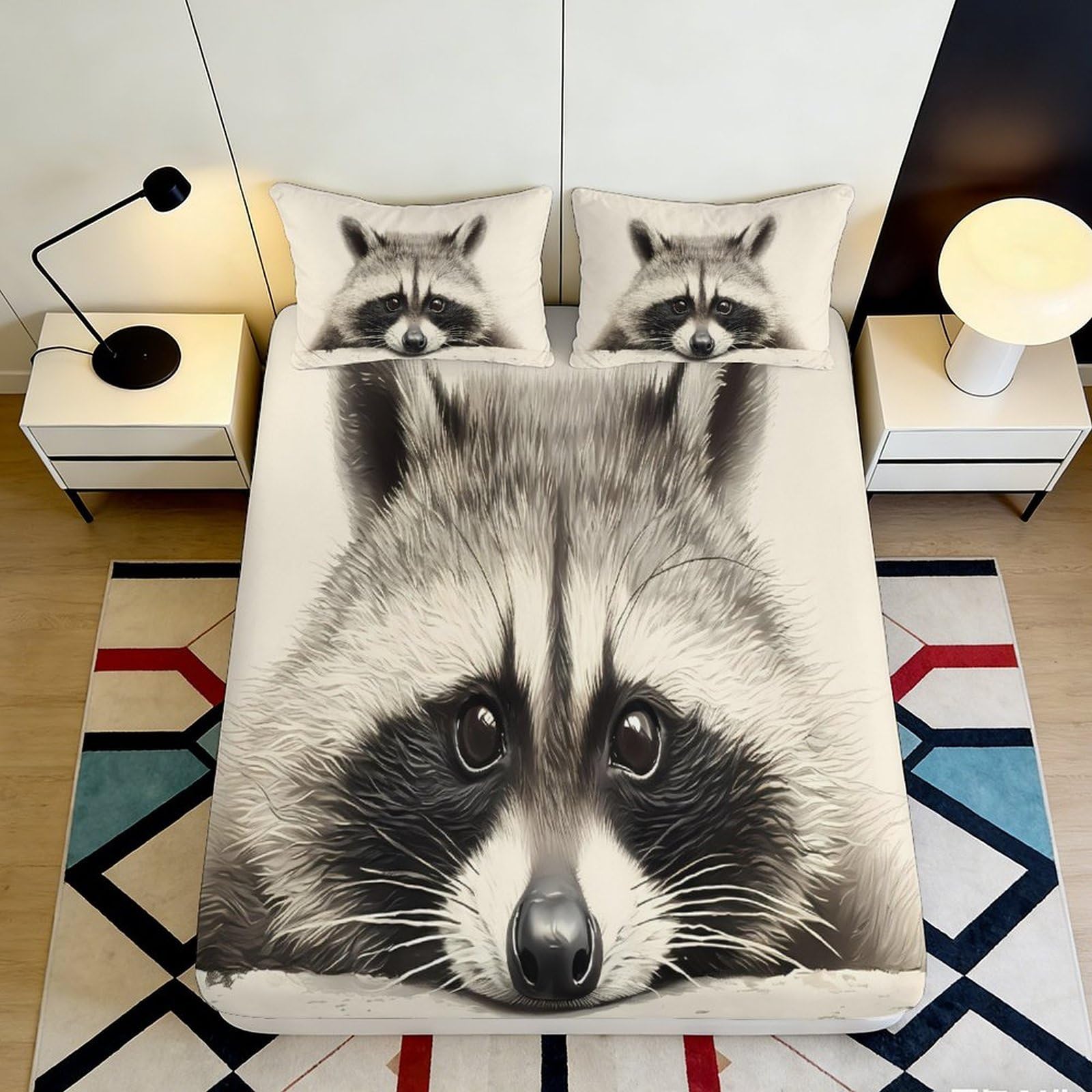 3D Printed Raccoon Animal Fitted Sheet Microfiber Non Slip Forest Pattern Bed Cover for Bedroom Guest Room Decor 116 160x200x25cm