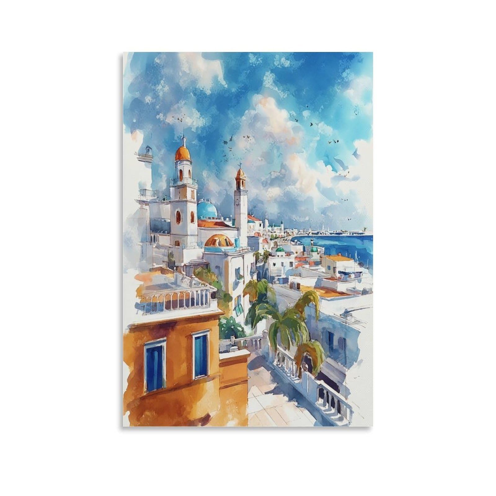 Xwymxz Unframe-Style Veracruz Watercolor Coastal Cityscape 16X24inch(40X60cm) Vintage Travel Poster Watercolor Canvas Art