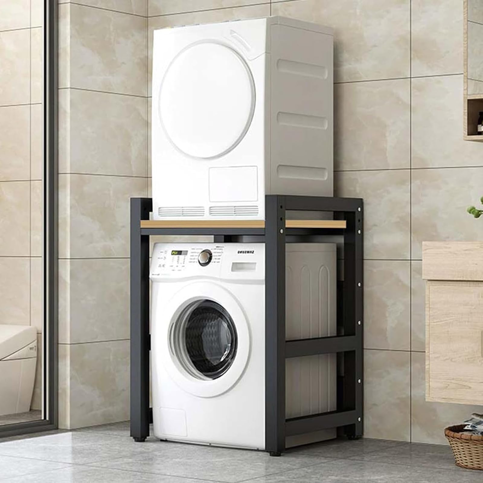 Supporto Asciugatrice Sopra Lavatrice Regolabile in Altezza per | Asciugatrice Regolabile Asciugatrice a Colonna Bagno Cucina Balcone Noce, Cornice Nera