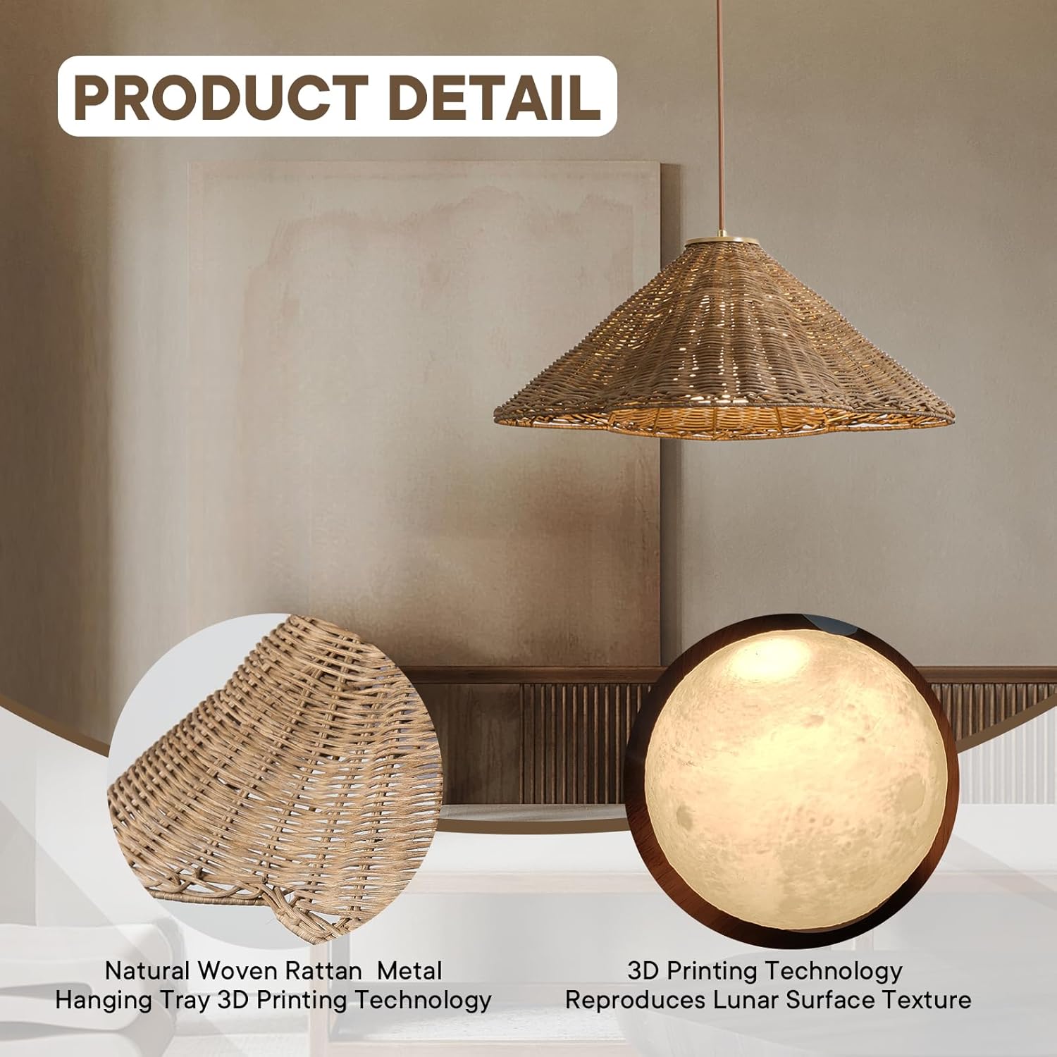 19” Rattan Chandelier Light Fixture, Boho Chandeliers Hand Woven Wicker Pendant Light, Vintage Chandelier for Dining Room, Rustic Hanging Lighting for Kitchen Island, Foyer