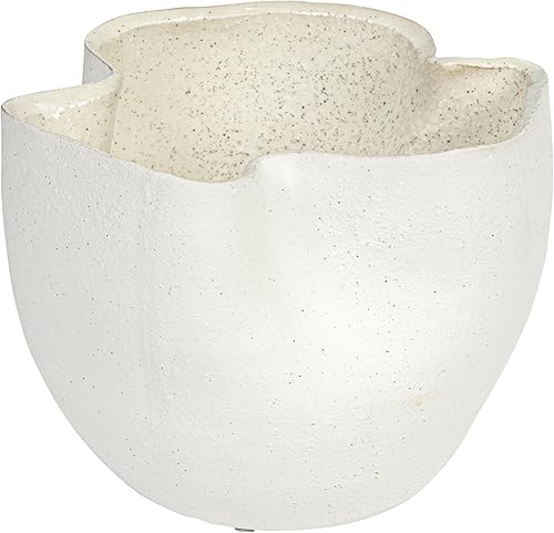 Bloomingville 7.25 Inches Stoneware Ruffled Sand Finish and Reactive Glaze, Holds 4 Inches Pot, White Planter, Beige