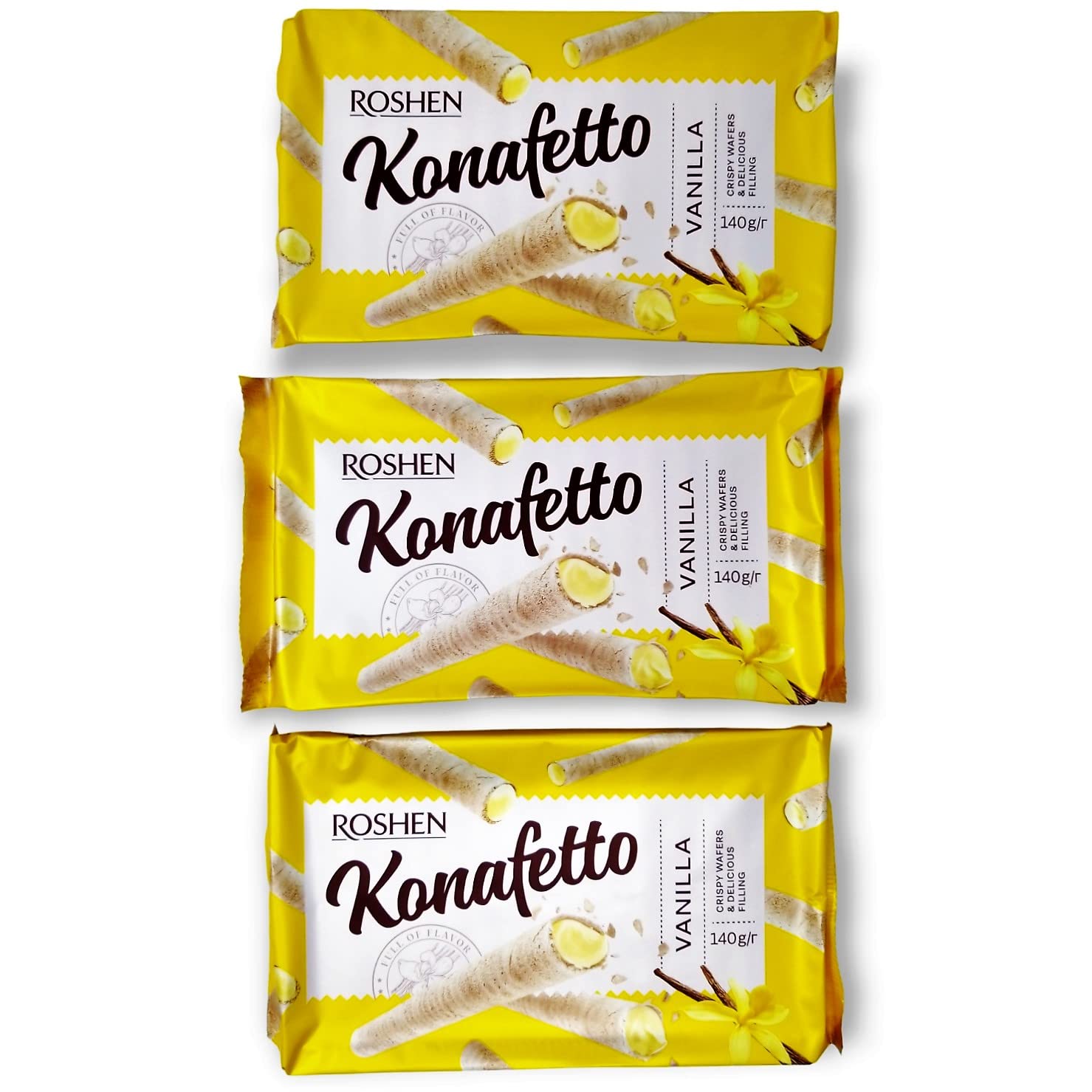Roshen Crispy Flavorful Wafer Rolls "Konafetto" with Vanilla-Cream Filling, 4.94oz/140 grams Pack of 3