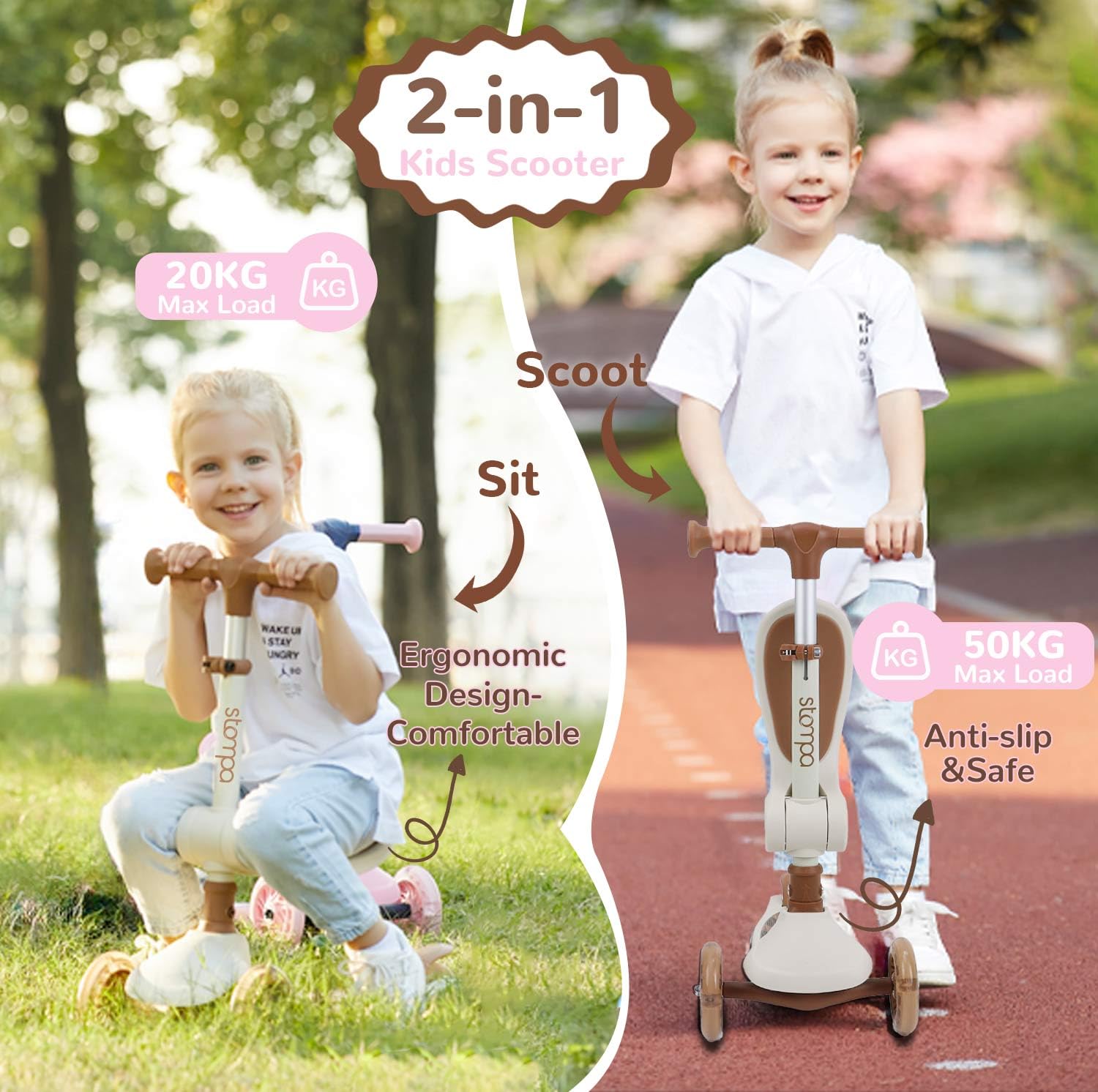 Stompa Patinete para niños de 2 años, Patinete 2 en 1 para niños a Partir de 2 años hasta 50 kg, con Asiento Plegable y Ruedas LED, Altura Regulable, Plegable, Scooter para niñas de 2-6 años